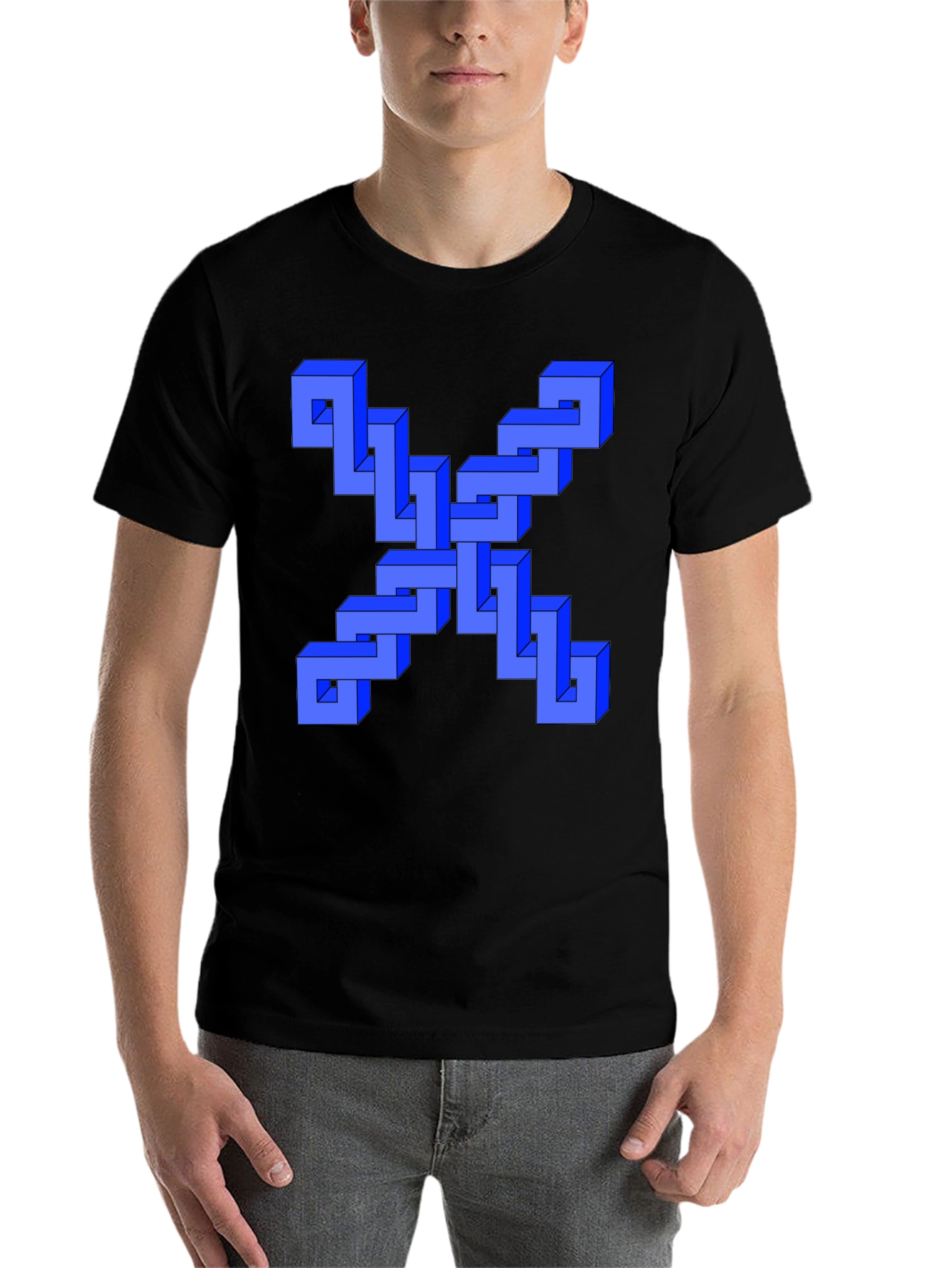 Black Optical Illusion Blue Cube Design Black T-Shirt view 7