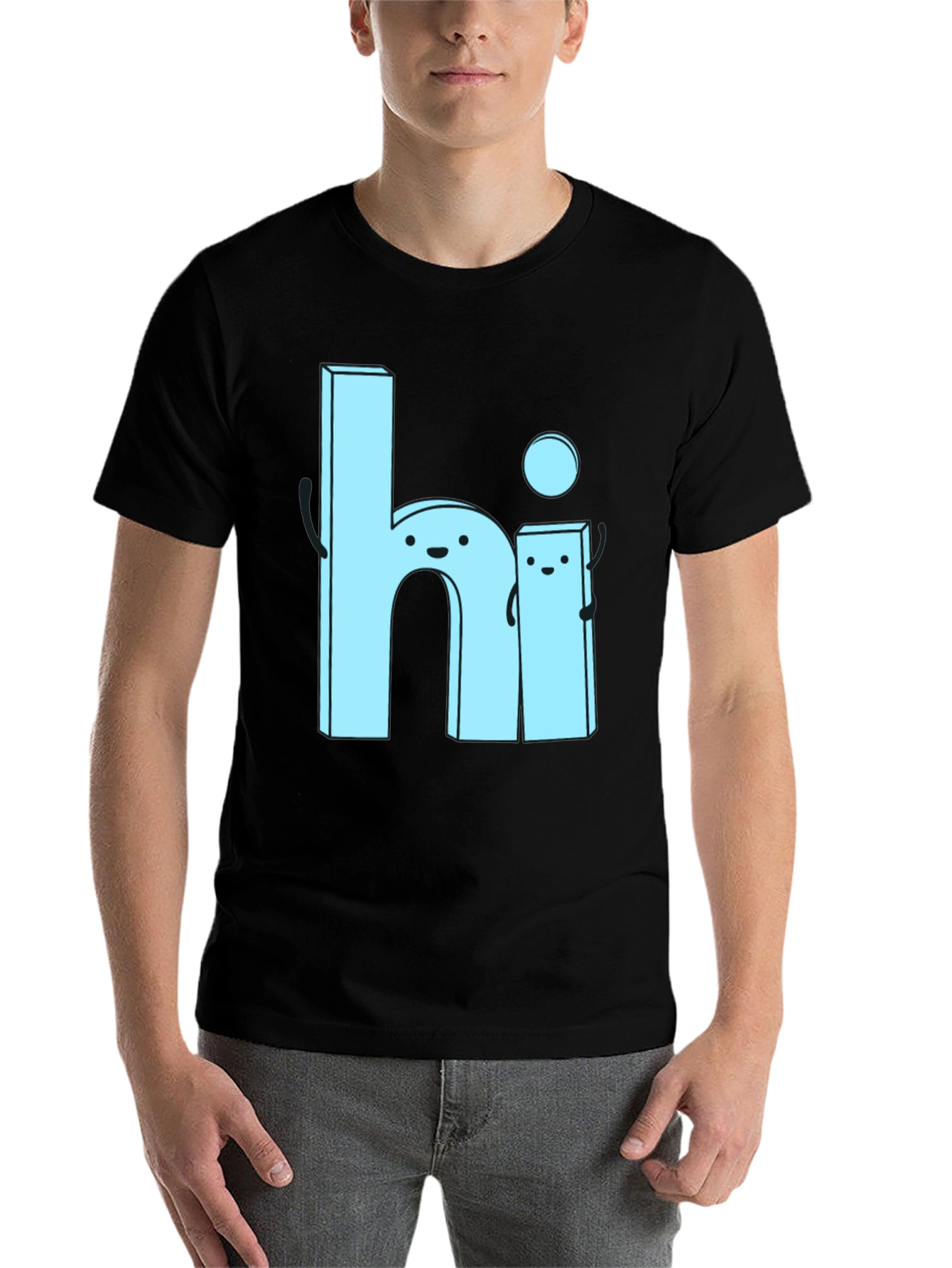 Black Cute Cartoon "Hi" Graphic Tee - Soft Black Cotton view 7