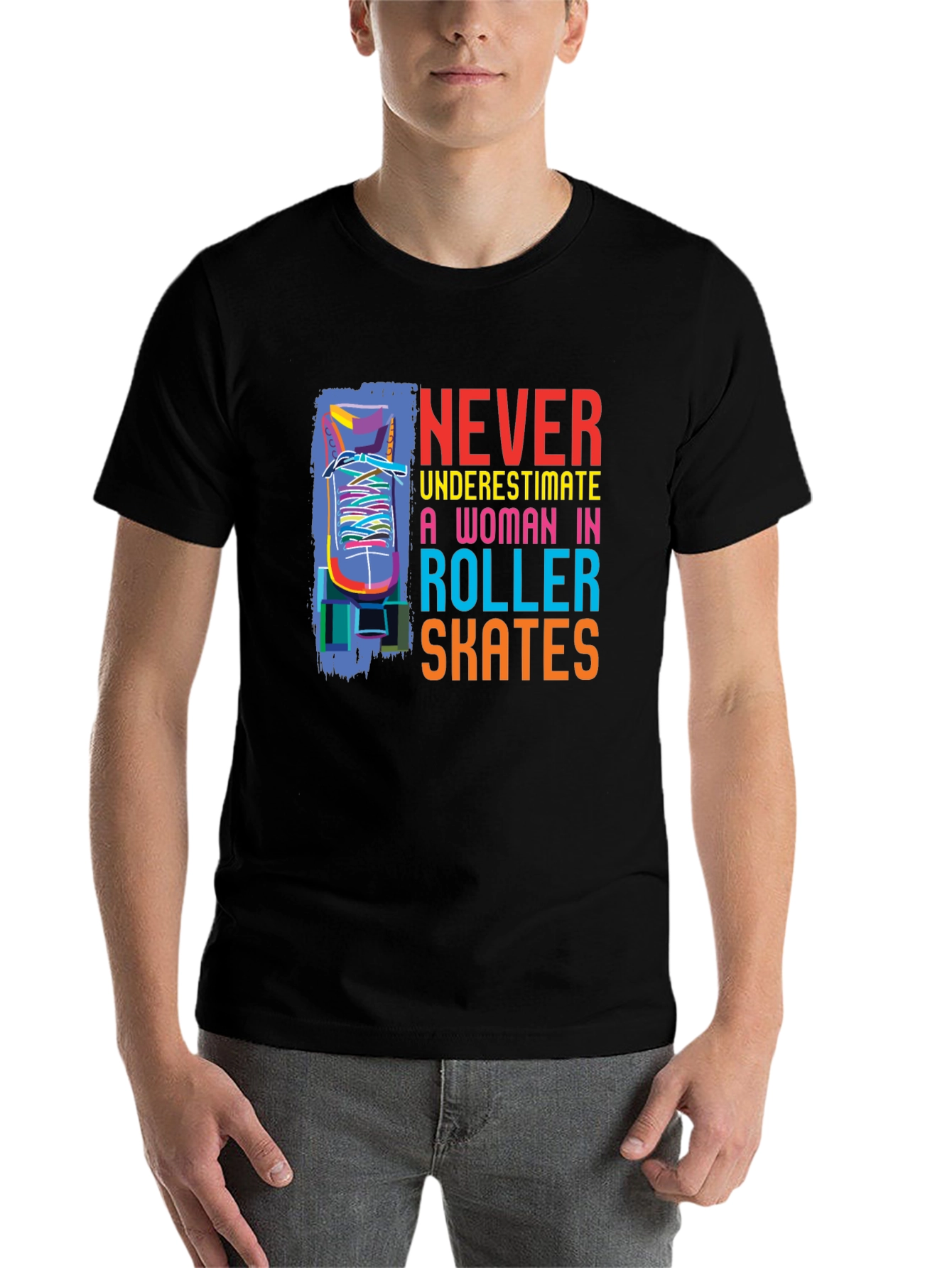 Black Never Underestimate Roller Skates T-Shirt view 7