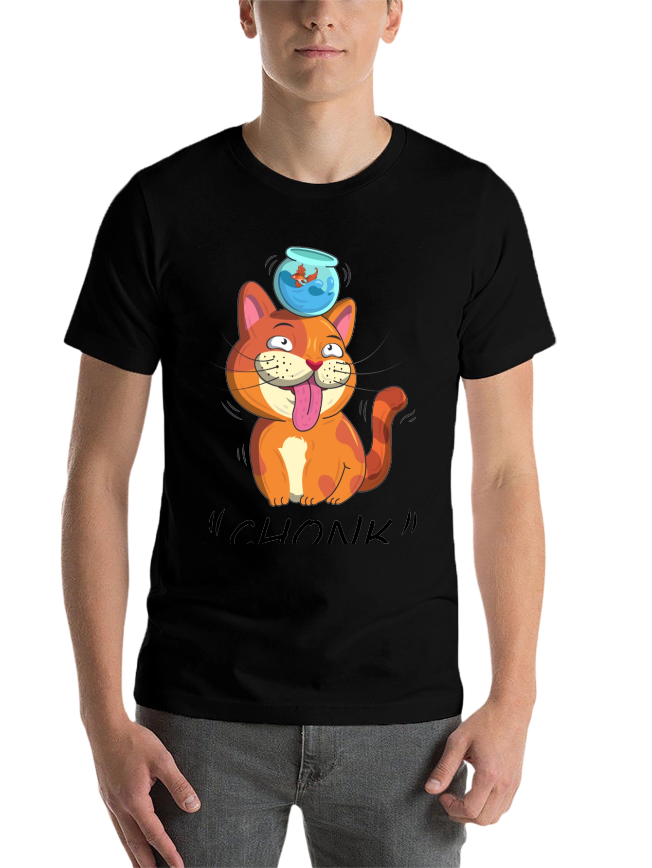 Black Chonk Cat Goldfish T-Shirt view 7