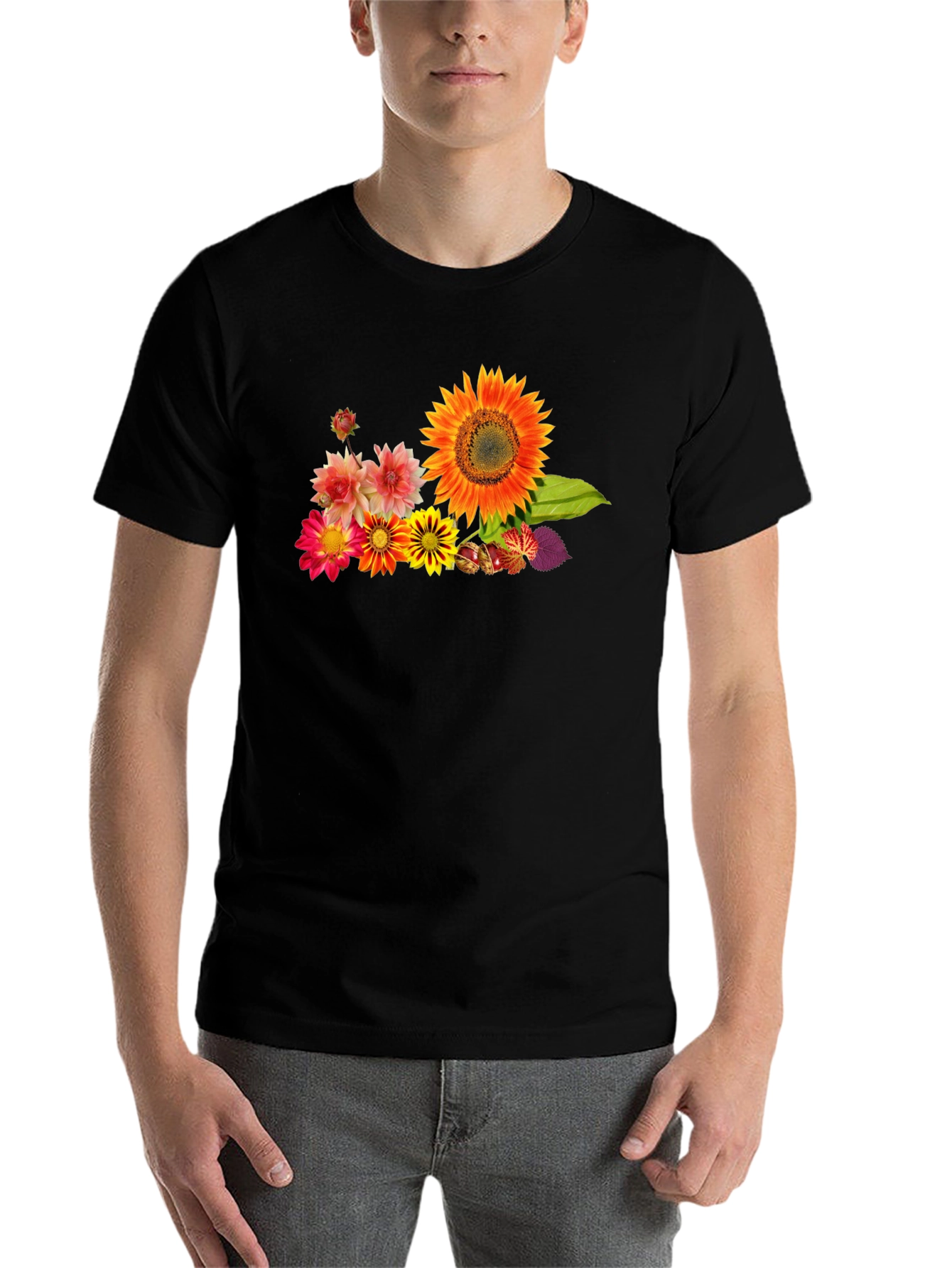 Black Floral Print Black Cotton T-Shirt view 7