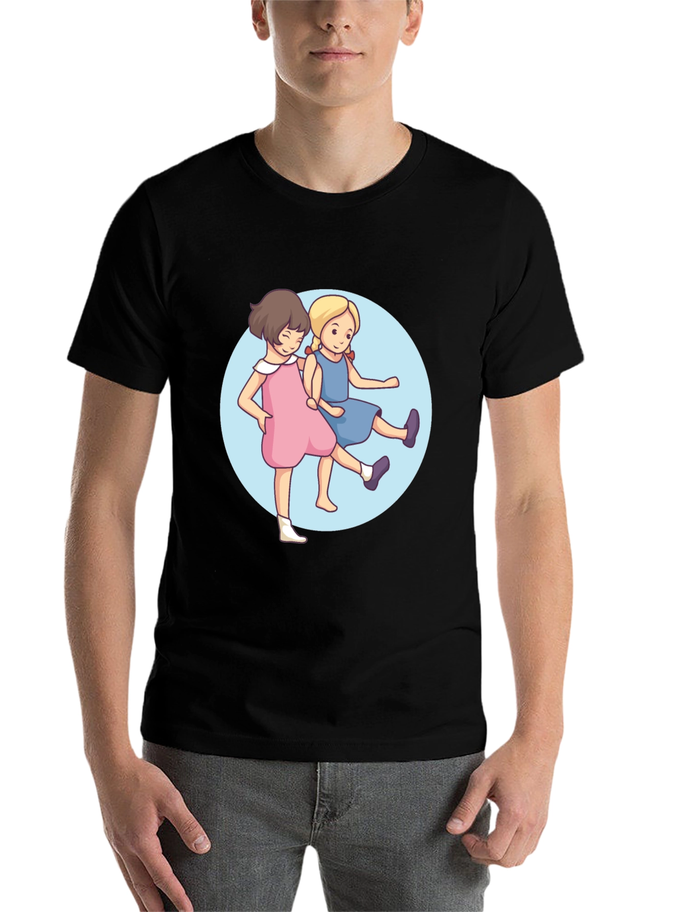 Black Cute Cartoon Twins Black T-Shirt view 7