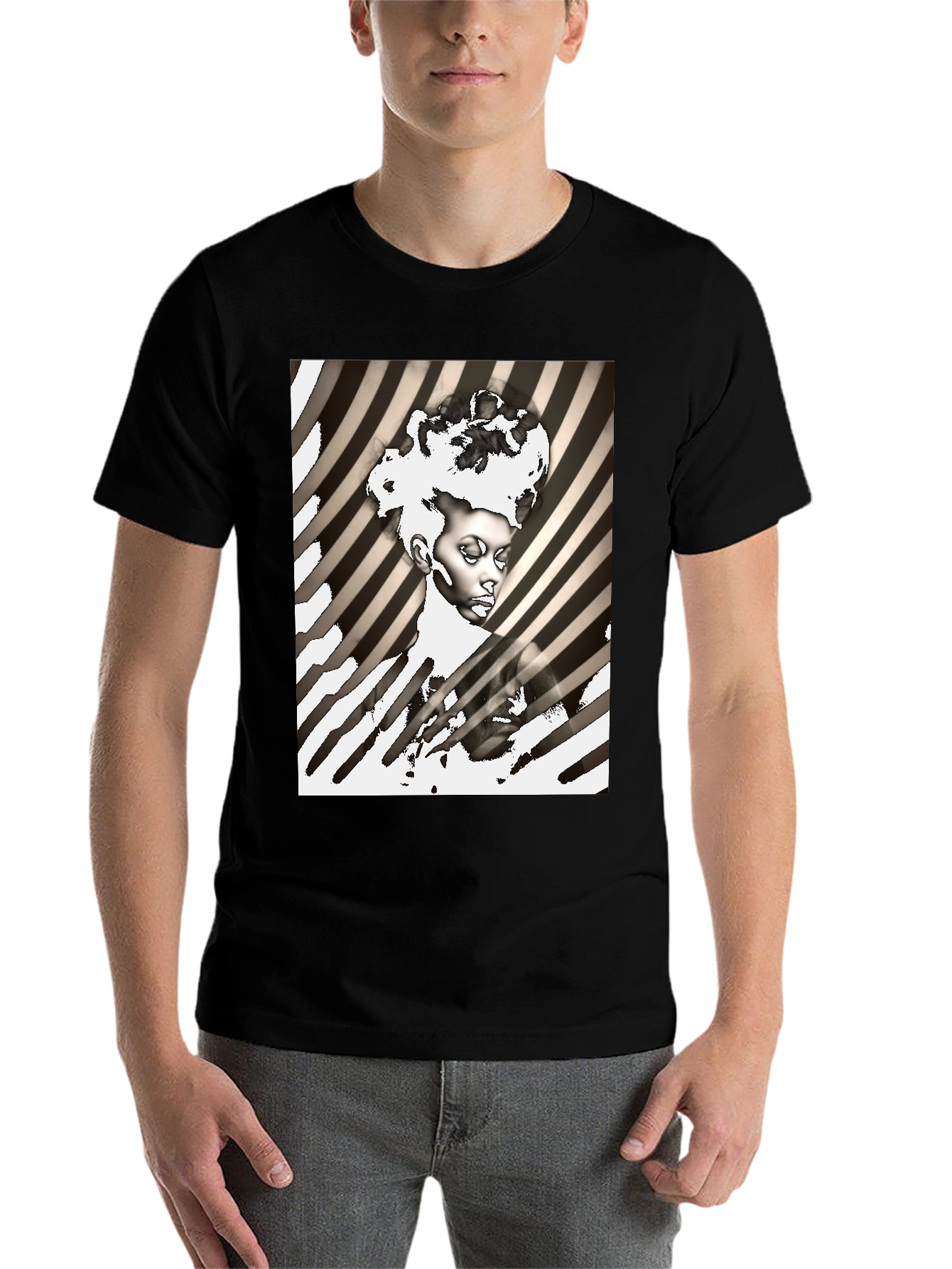 Black Striking Graphic Print Tee - Monochrome Art view 7