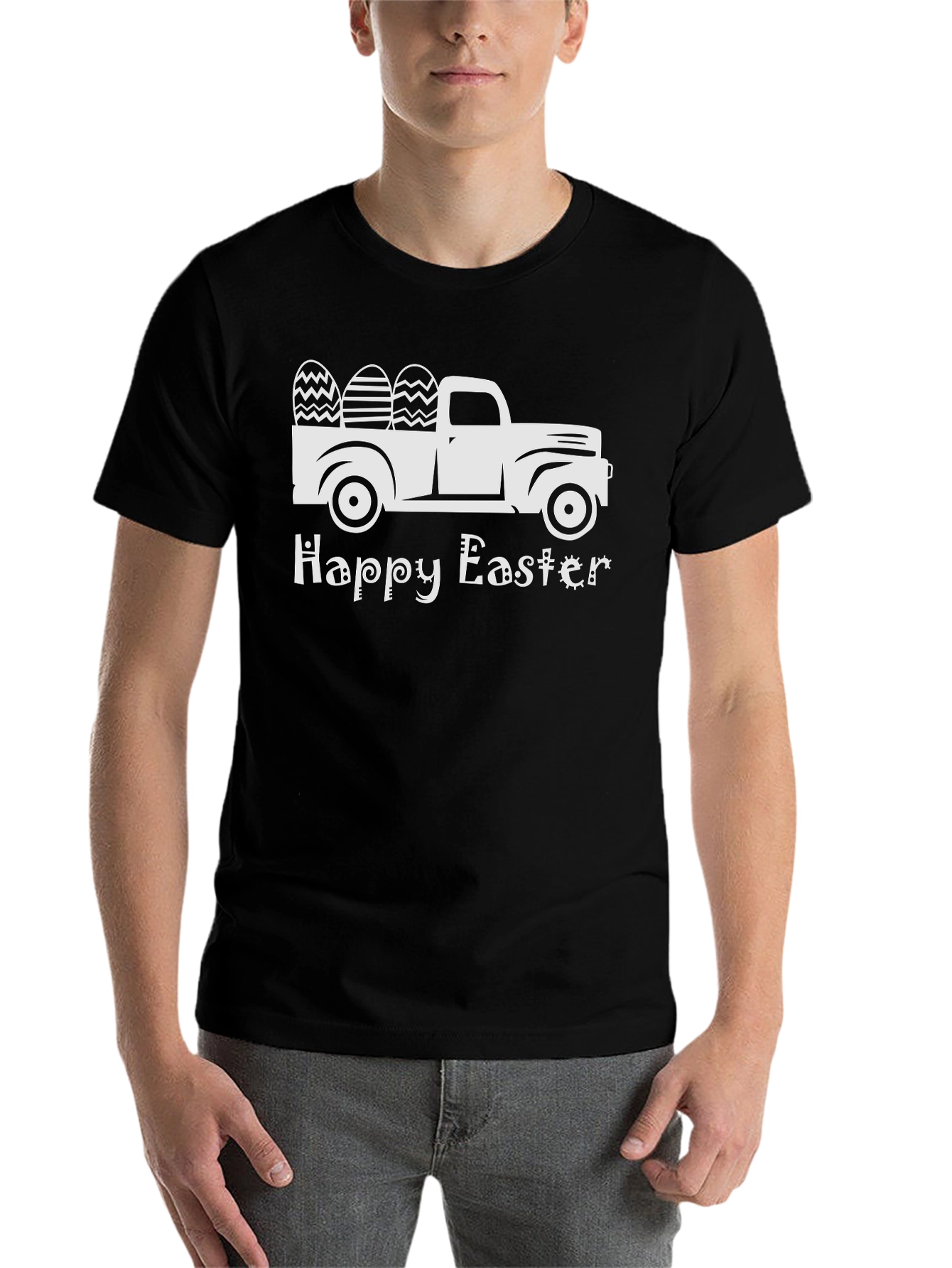 Camiseta Negra Happy Easter con Camioneta y Huevos