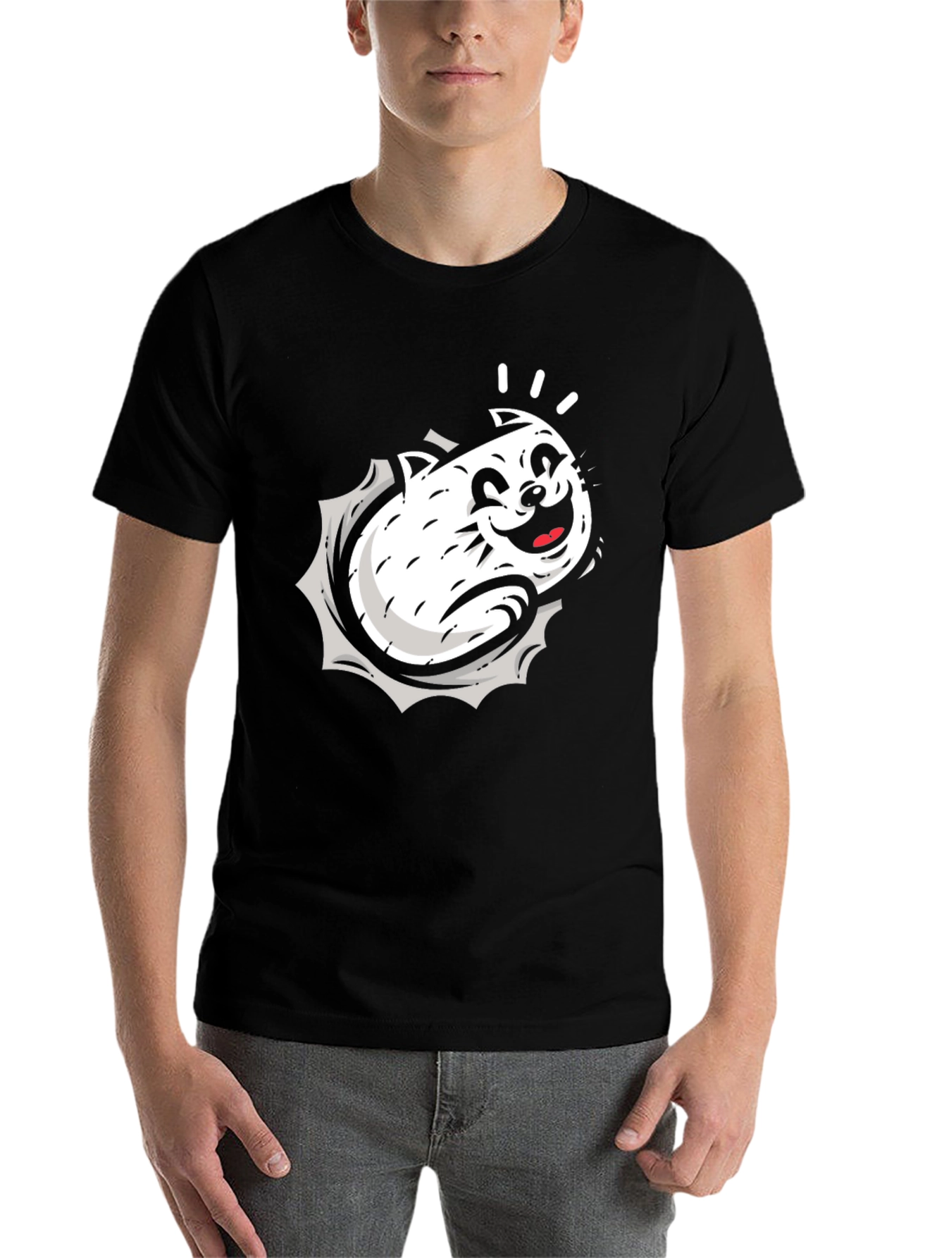 Black Cartoon Cat Graphic Black T-Shirt view 7