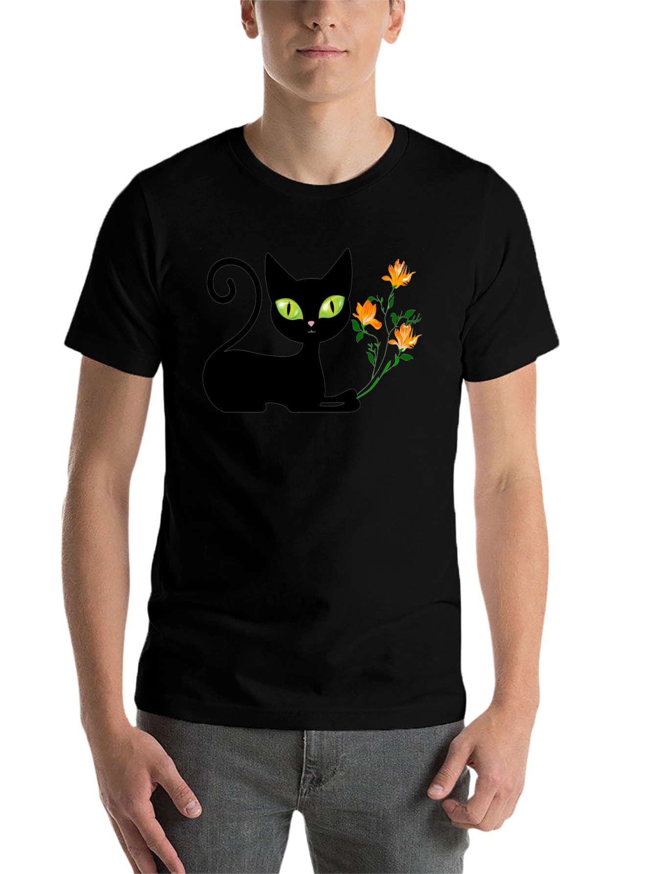 Black Black Cat & Flowers Graphic Tee - Soft Cotton Comfort view 7