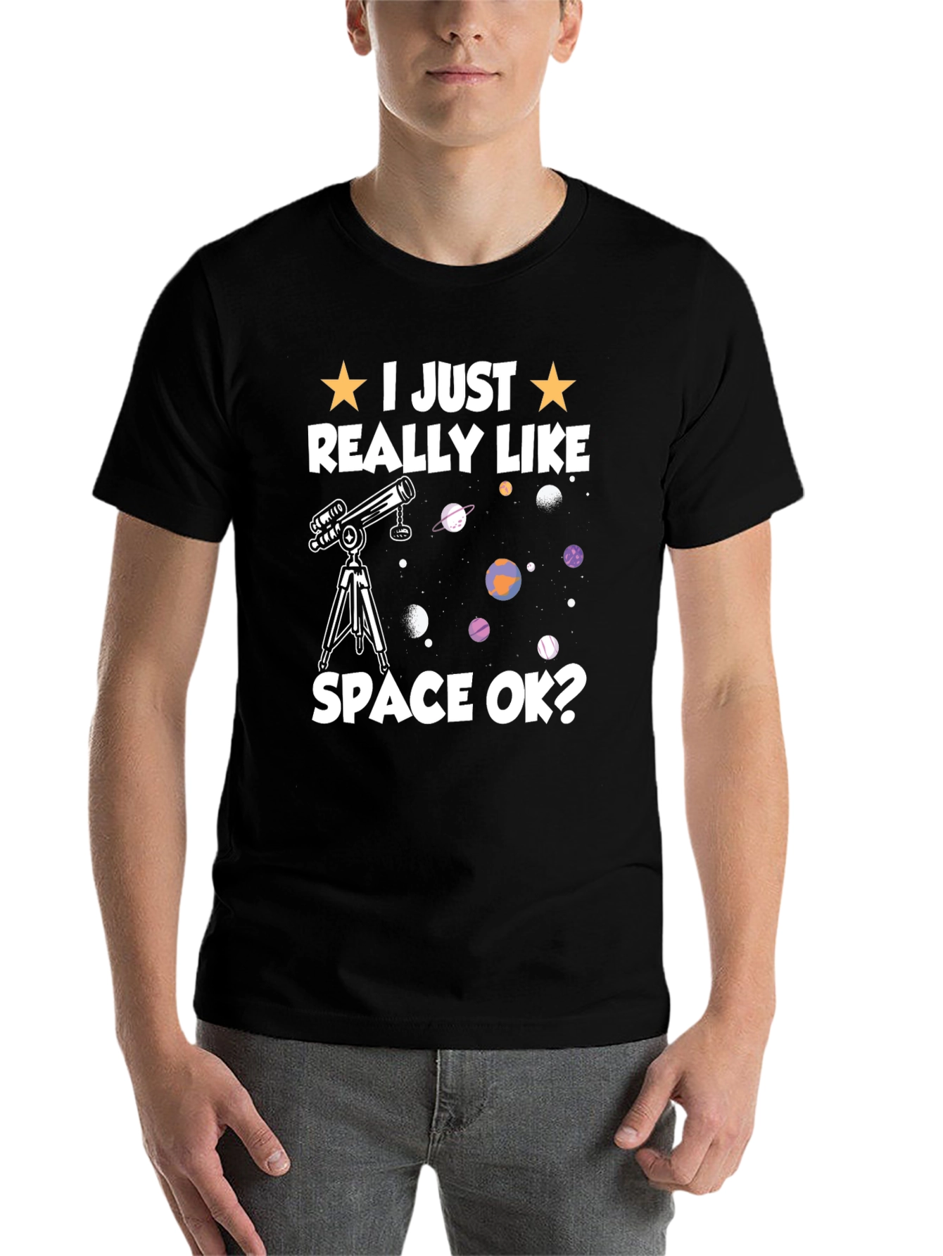 Black I Just Really Like Space OK? T-Shirt view 7