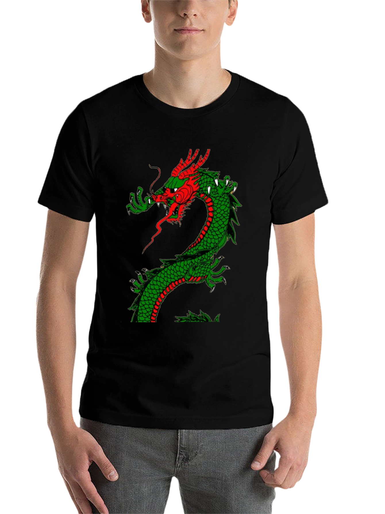 Black Dragon Graphic Tee - Red and Green Dragon Design view 7