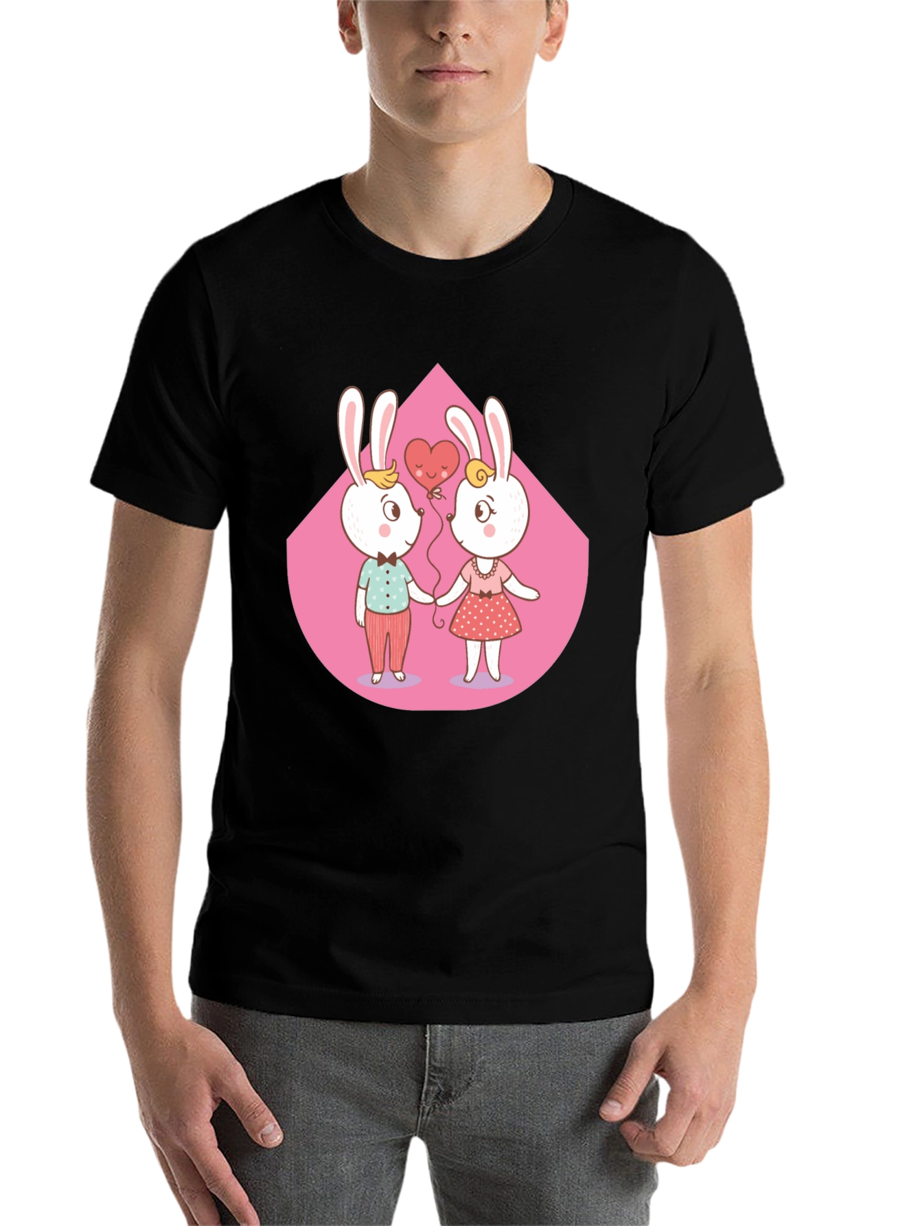 Black Cute Cartoon Bunny Couple T-Shirt view 7