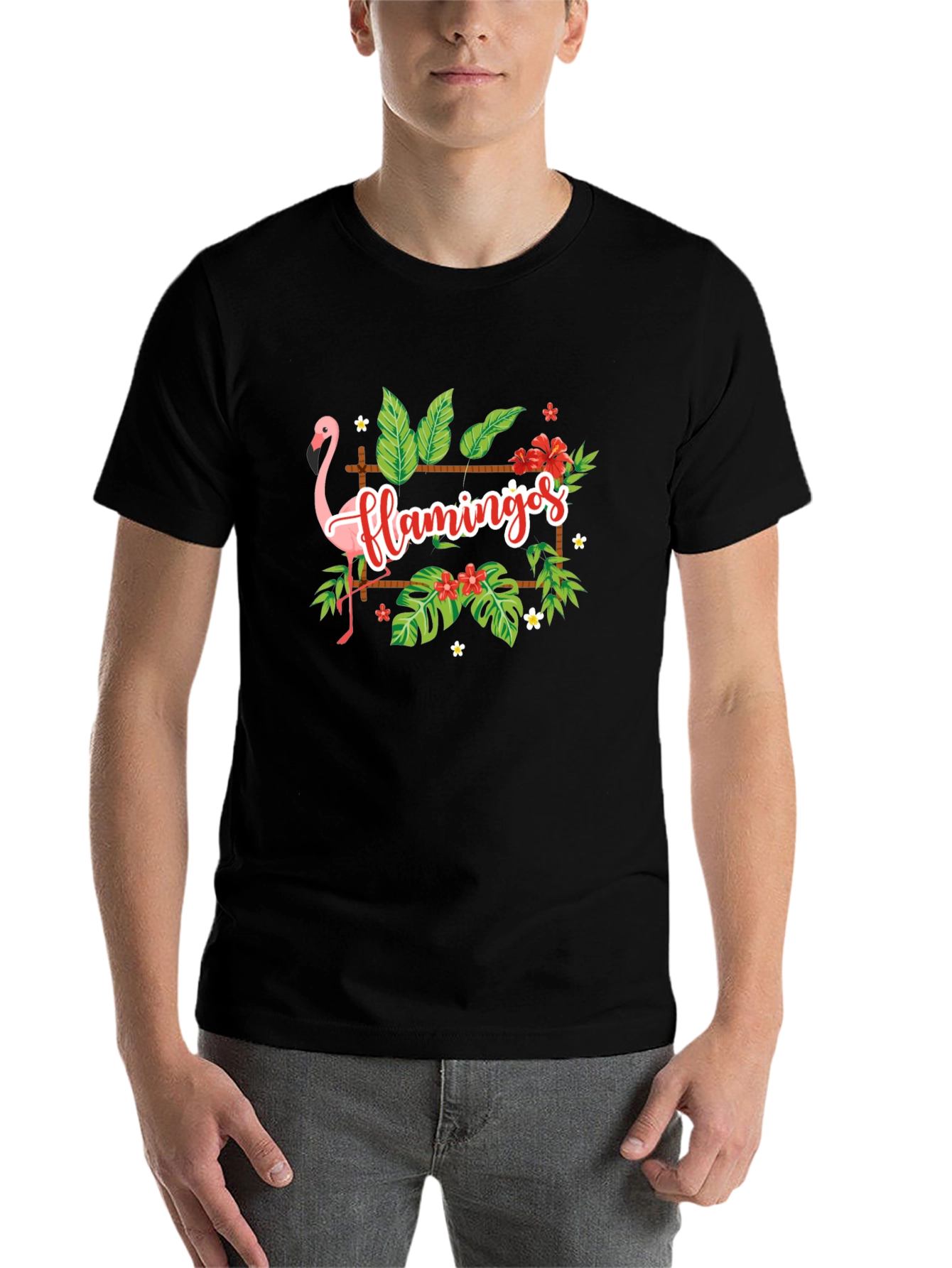 Black Flamingo Tropical Graphic Tee - Black Casual T-Shirt view 7