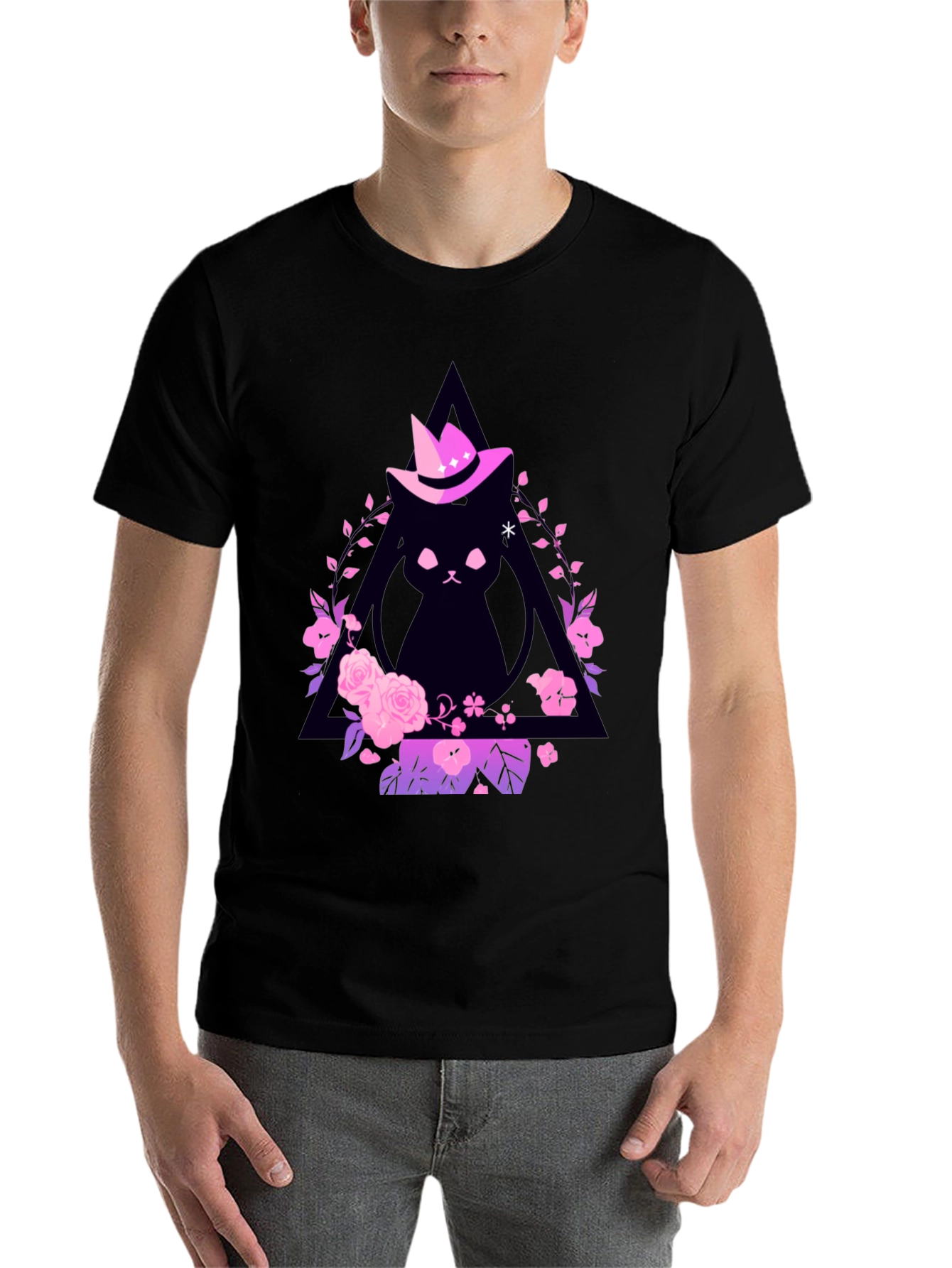 Black Witch Cat Graphic Tee - Floral Triangle Design view 7
