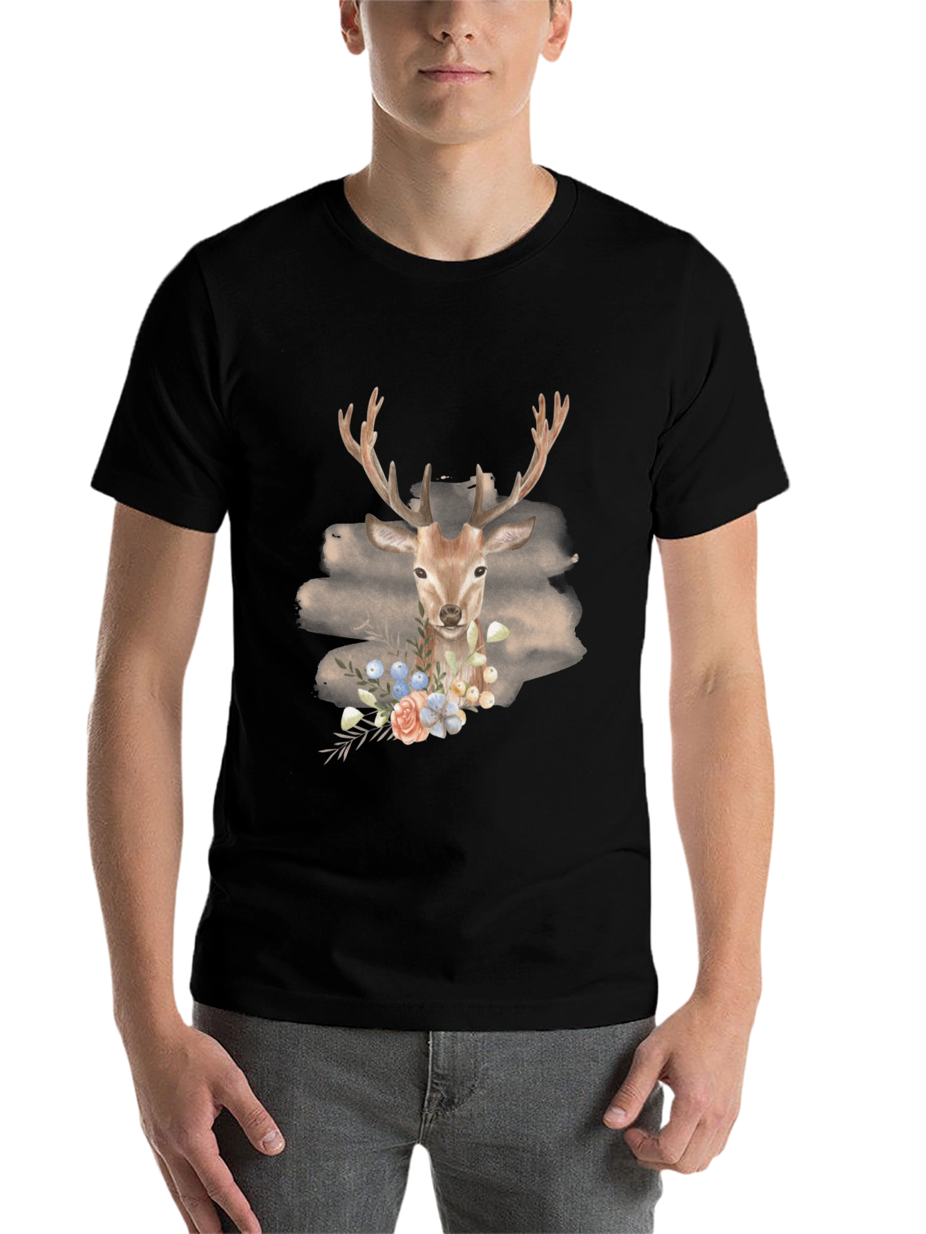 Black Deer Floral Graphic Print Tee - Men's Black T-Shirt view 7