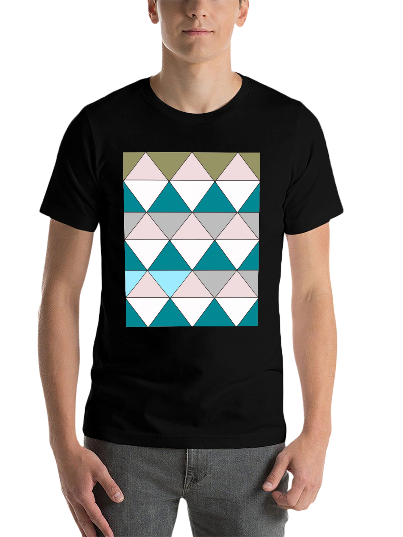 Black Geometric Triangle Pattern Black T-Shirt view 7