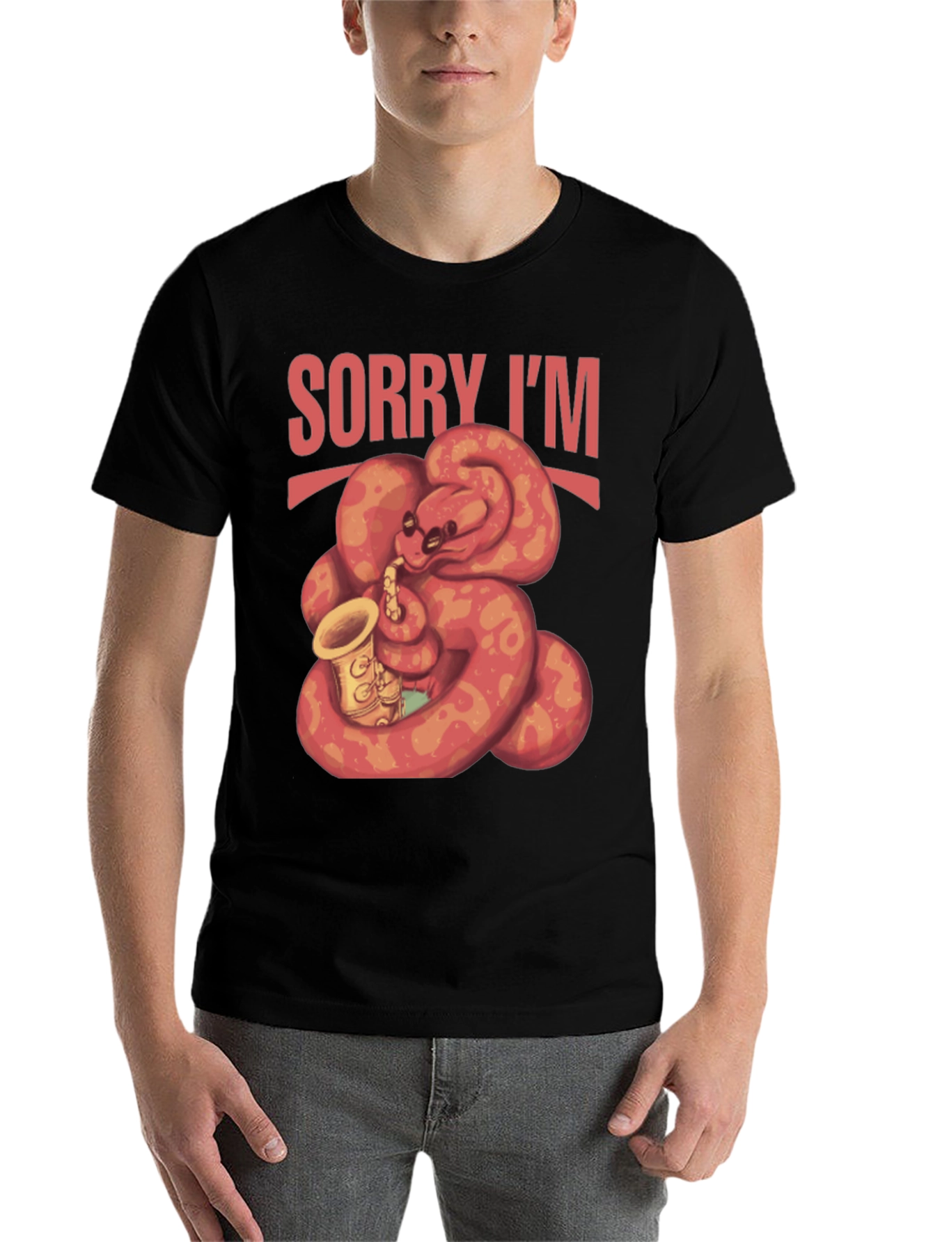 Black Sorry I'm Late Snake Saxophone T-Shirt view 7