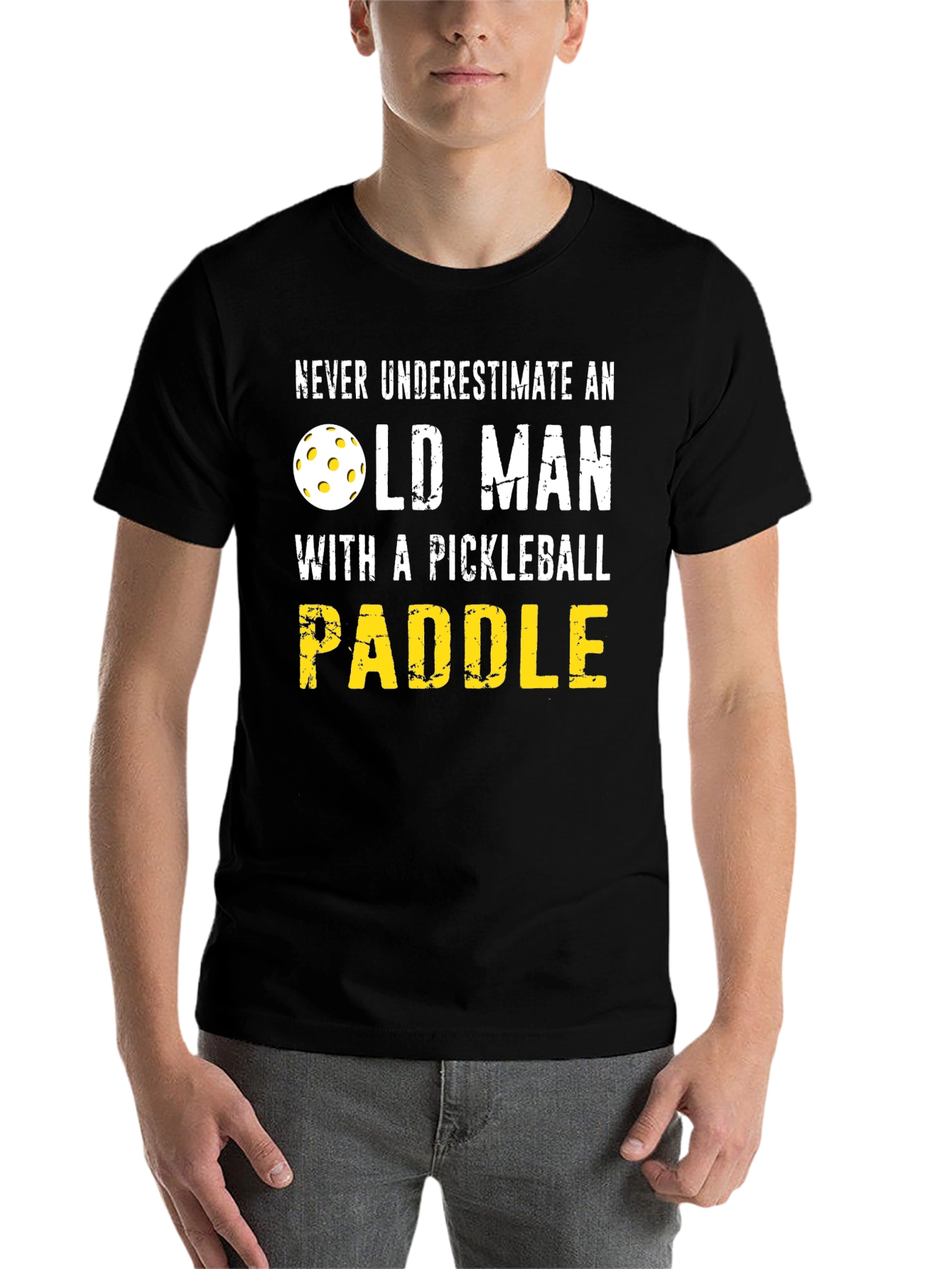 Black Never Underestimate Old Man Pickleball Paddle T-Shirt view 7