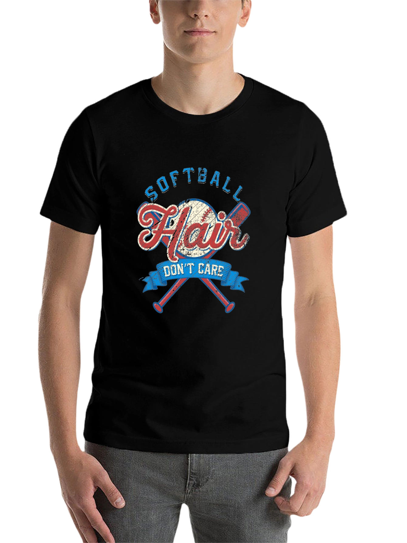 Black Softball Hair Don't Care Graphic Tee view 7