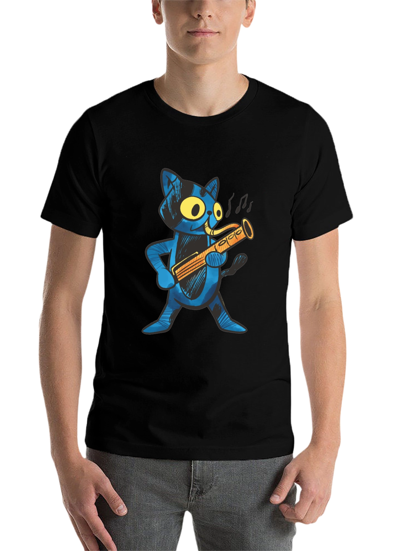 Black Cool Cat Saxophone Player T-Shirt view 7