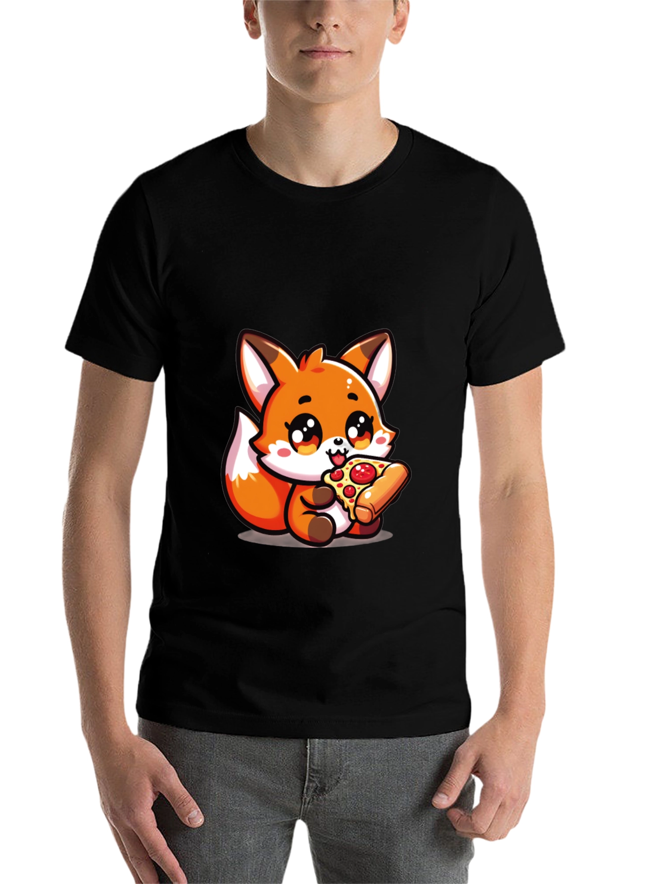 Black Cute Fox Pizza Lover Black T-Shirt view 7