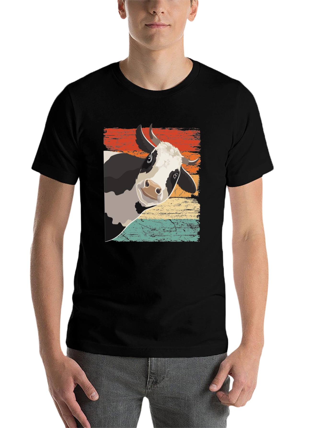 Black Retro Cow Graphic Tee - Black Cotton Blend view 7