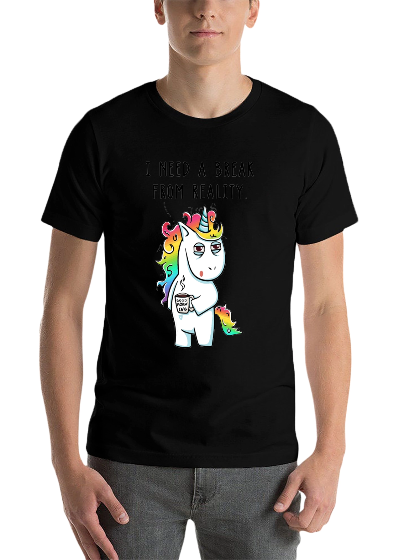 Black Funny Unicorn 'Break From Reality' Graphic T-Shirt view 7