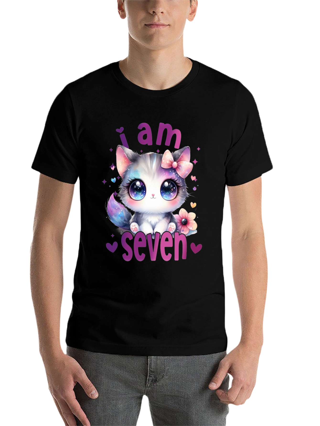 Black I am Seven Kitten Birthday T-Shirt view 7