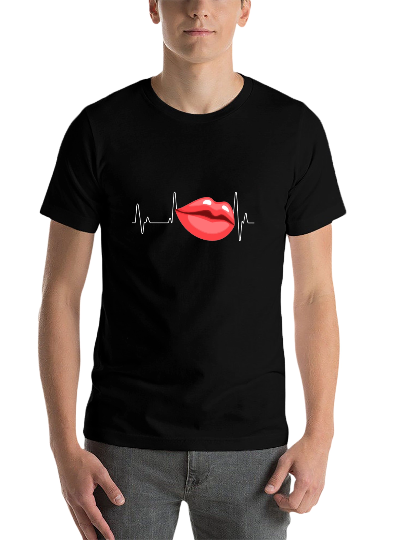 Black Heartbeat Lips Graphic Black T-Shirt view 7