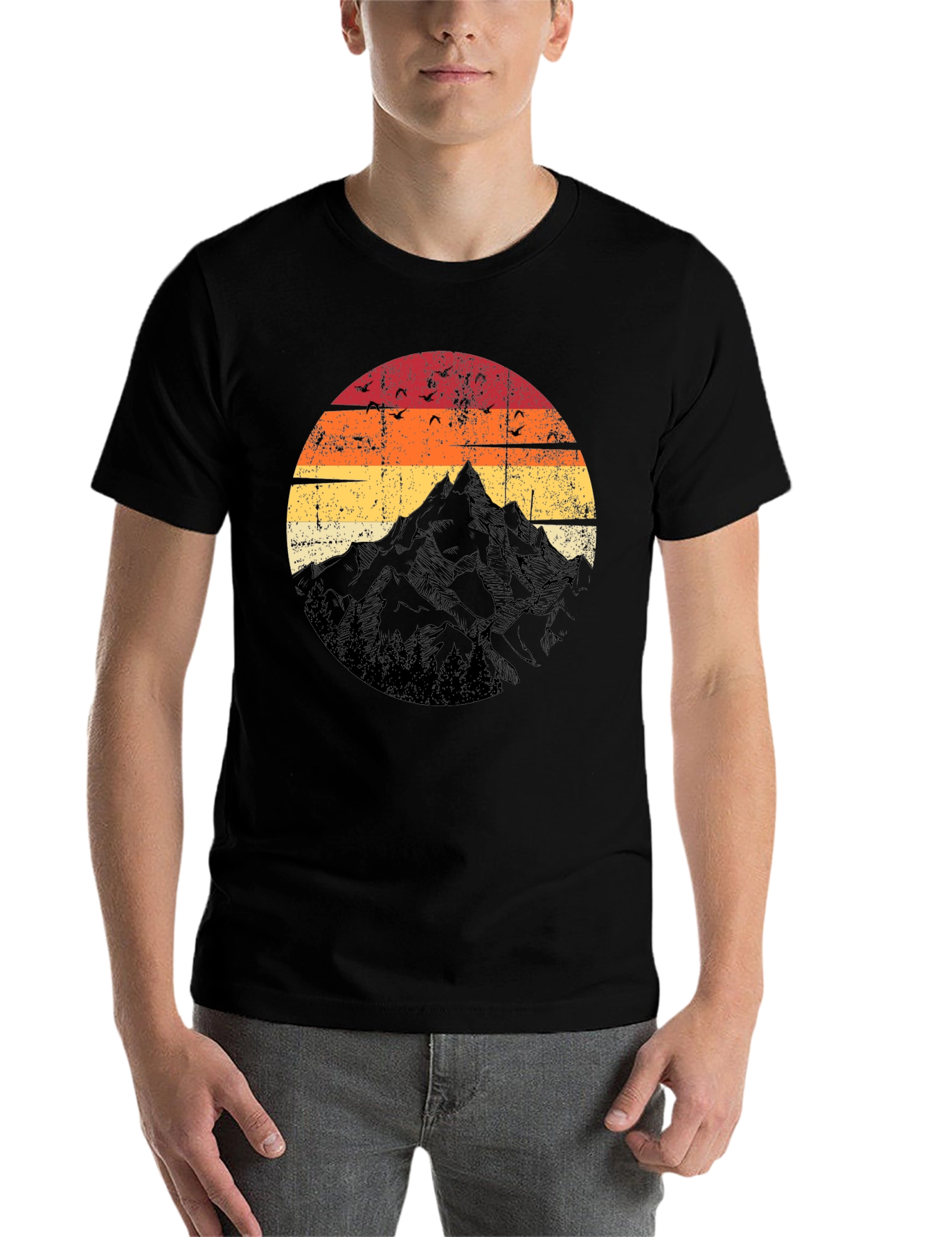 Black Retro Mountain Sunset T-Shirt - Black view 7