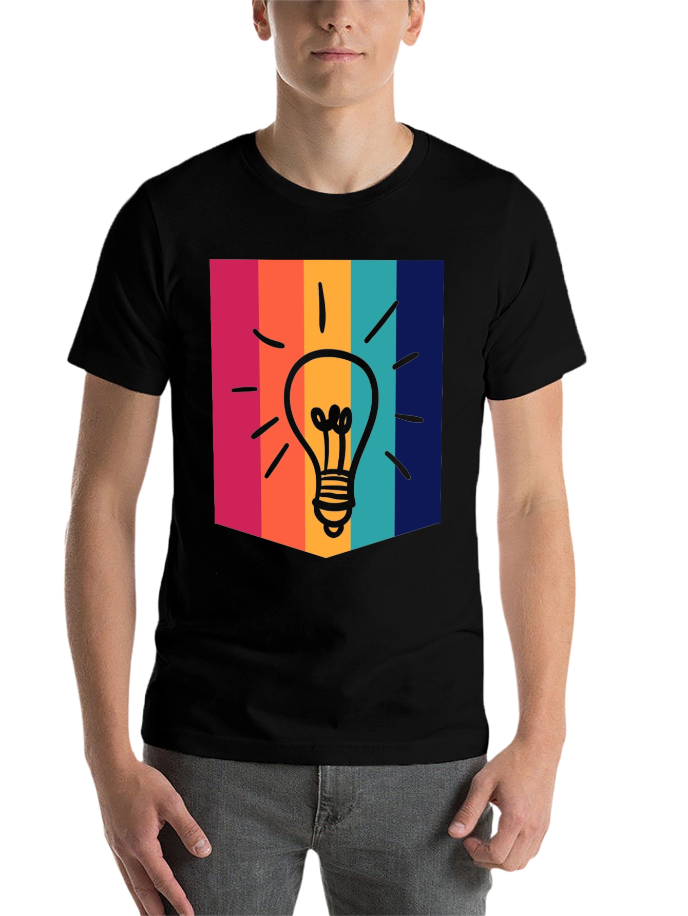 Black Creative Idea Bulb Colorful Stripe T-Shirt view 7