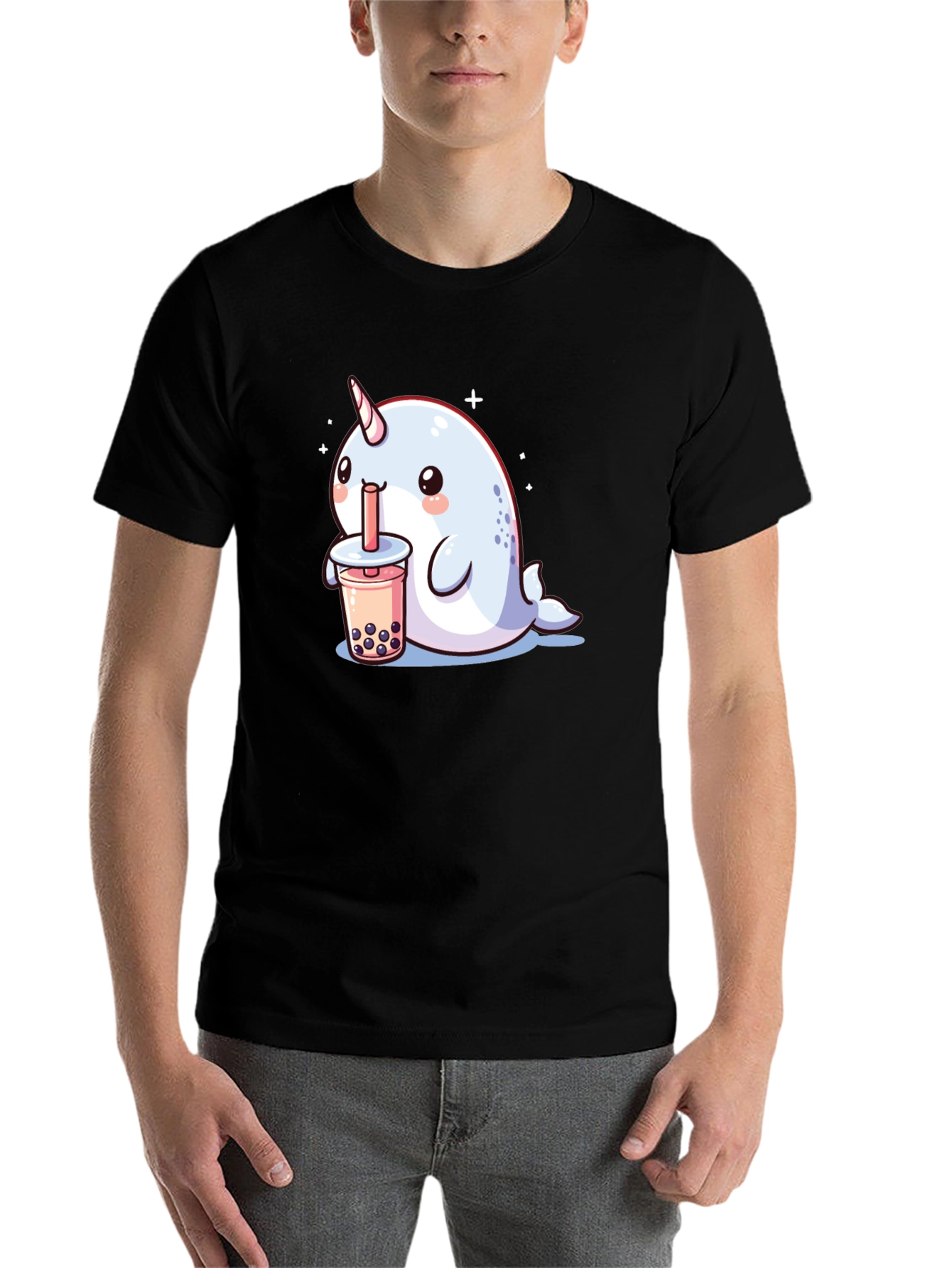 Black Cute Narwhal Boba Tea Graphic T-Shirt view 7