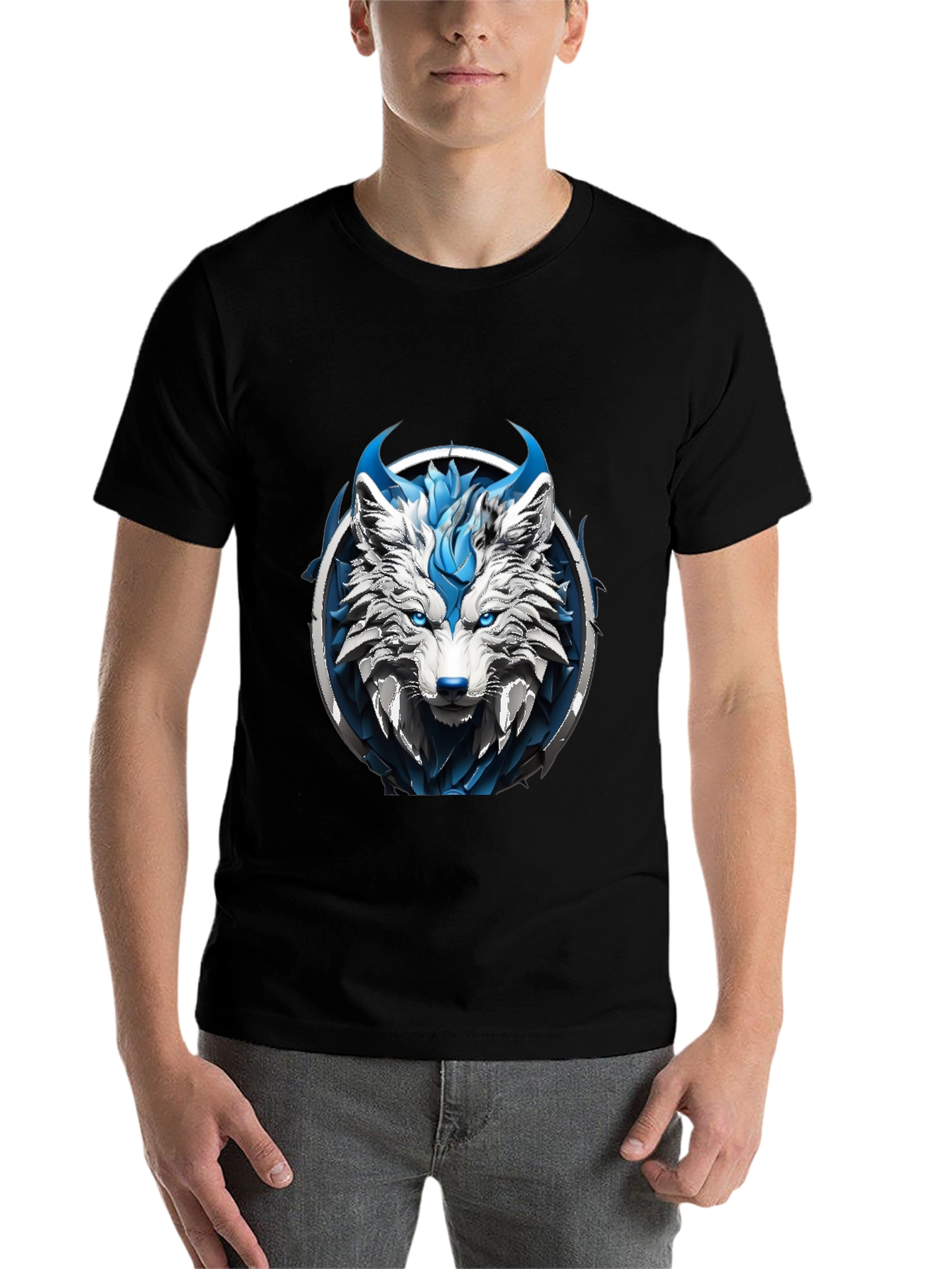 Black Abstract Blue Wolf Graphic Tee view 7