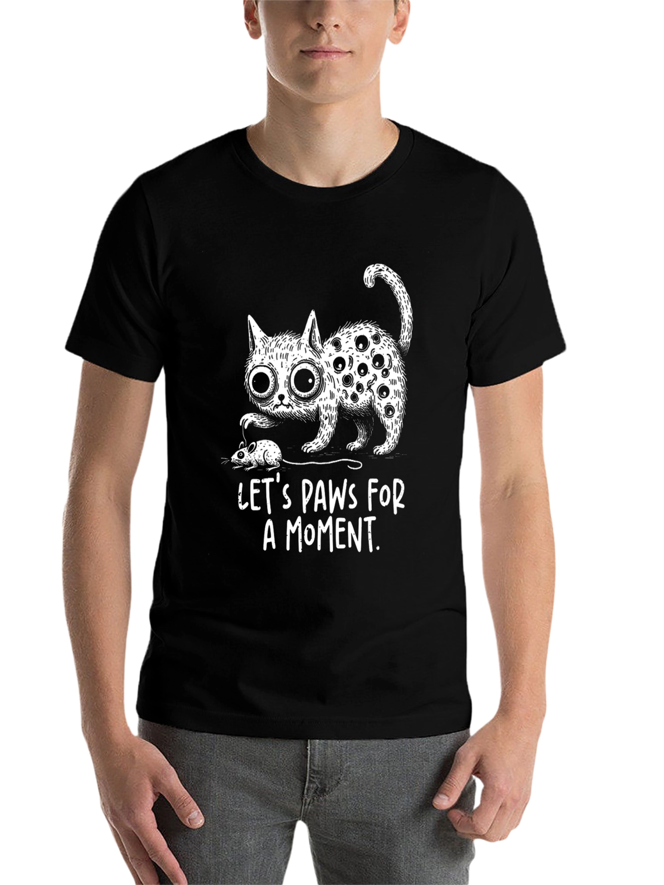 Black Funny Cat Graphic Tee: Let's Paws For A Moment view 7