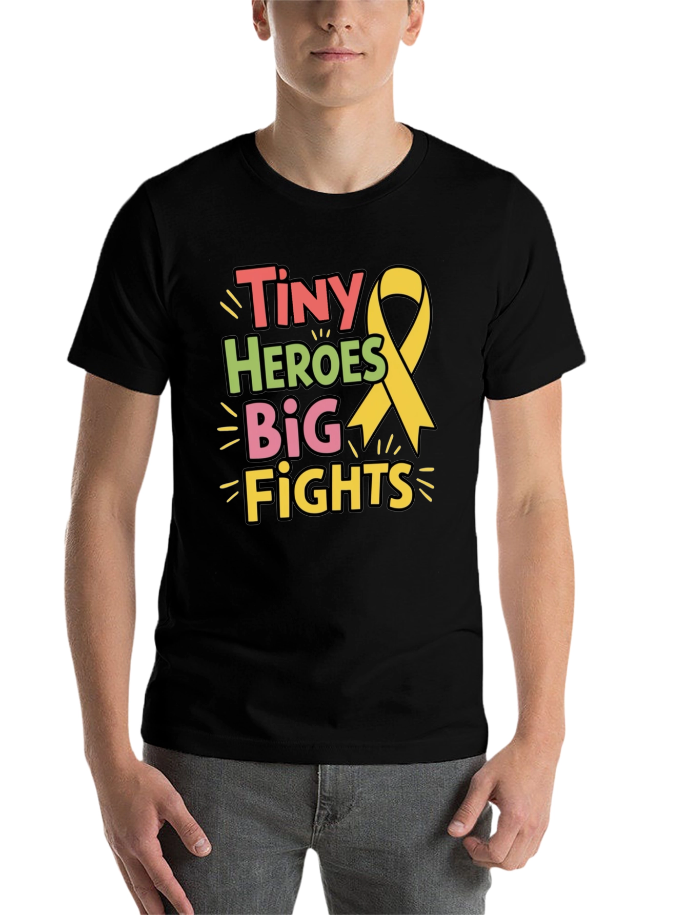 Black Tiny Heroes Big Fights T-Shirt - Childhood Cancer Awareness view 7