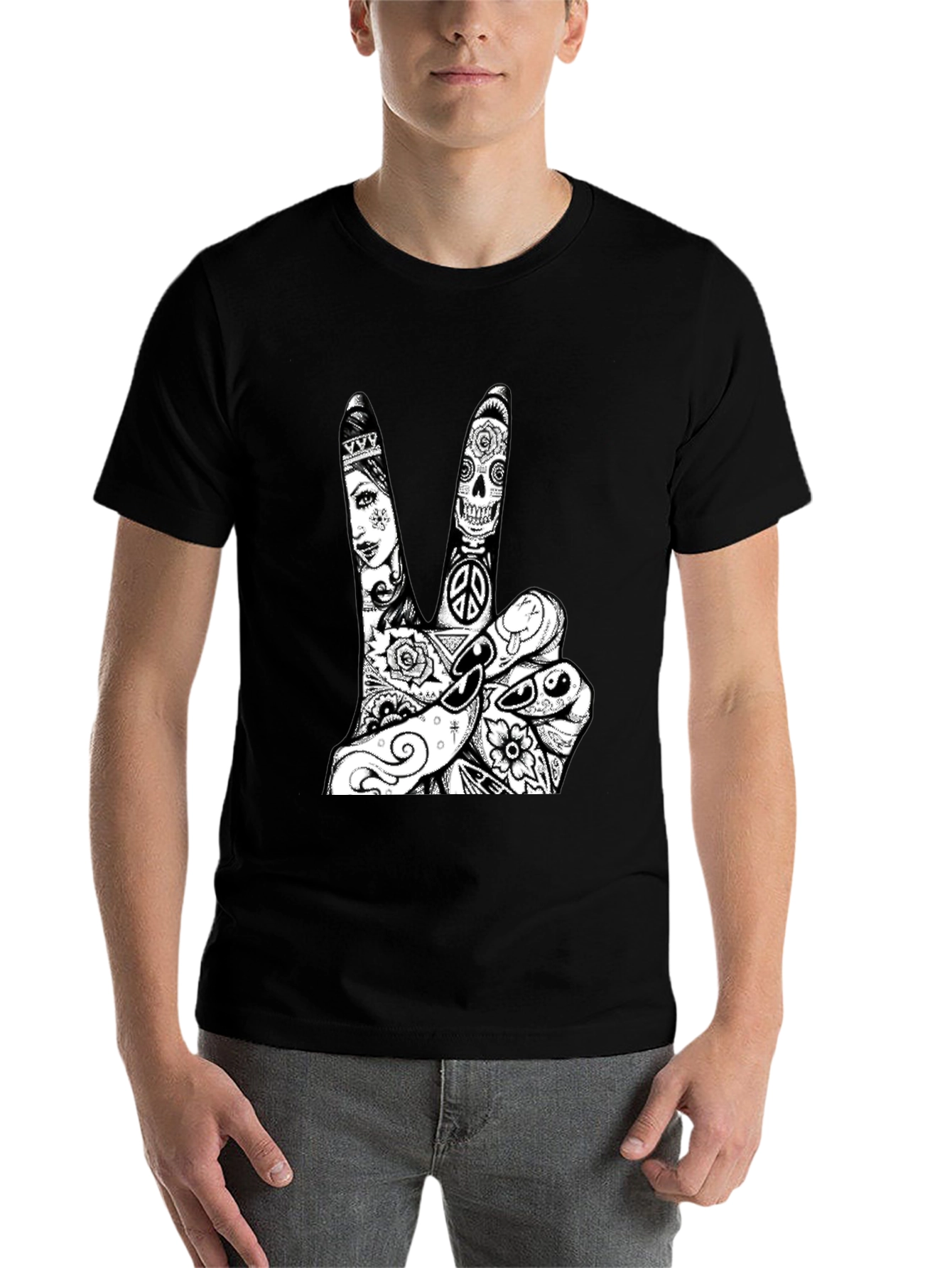 Black Peace Sign Tattoo Graphic Tee - Black Cotton T-Shirt view 7