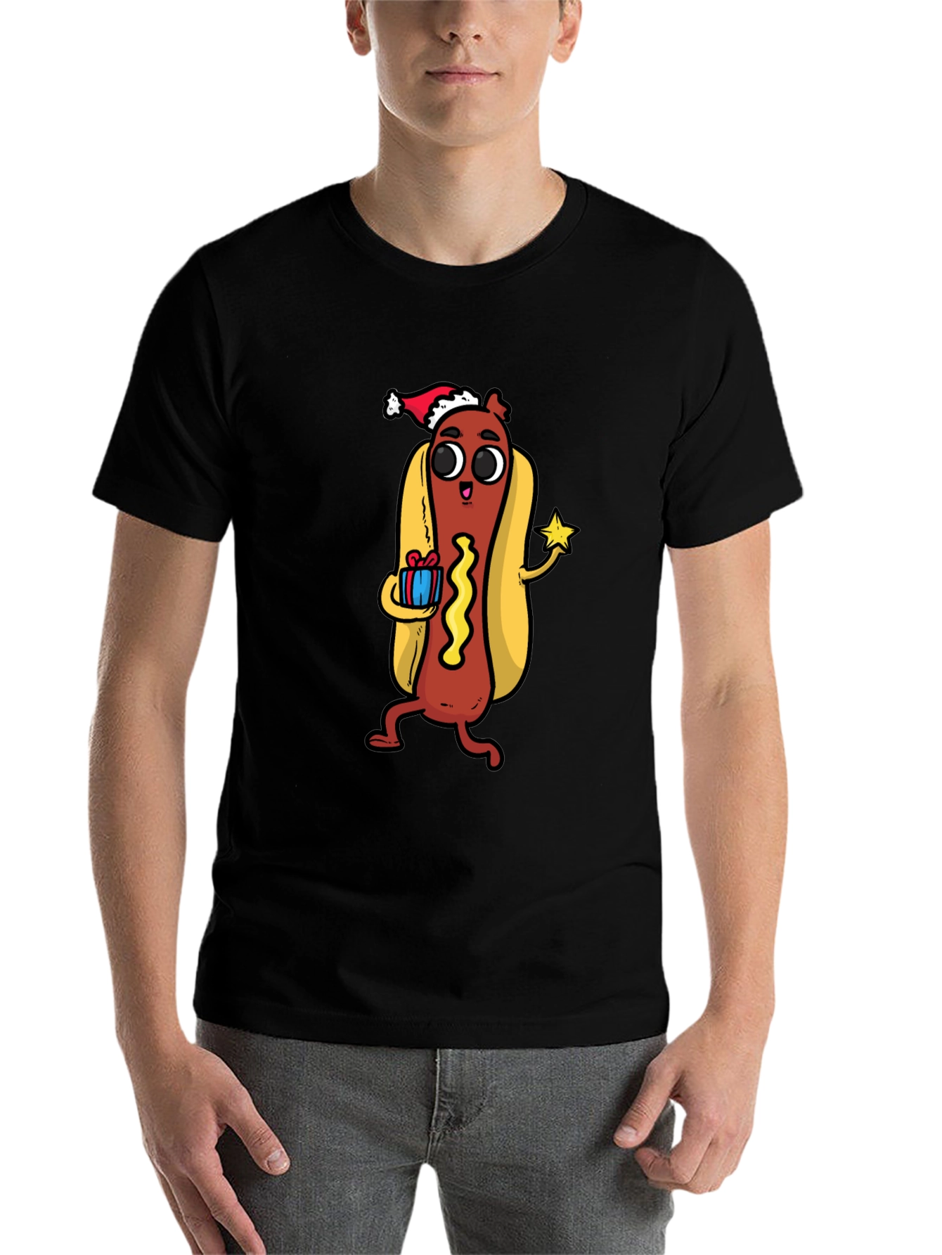 Black Festive Hot Dog Graphic Tee - Holiday Fun! view 7