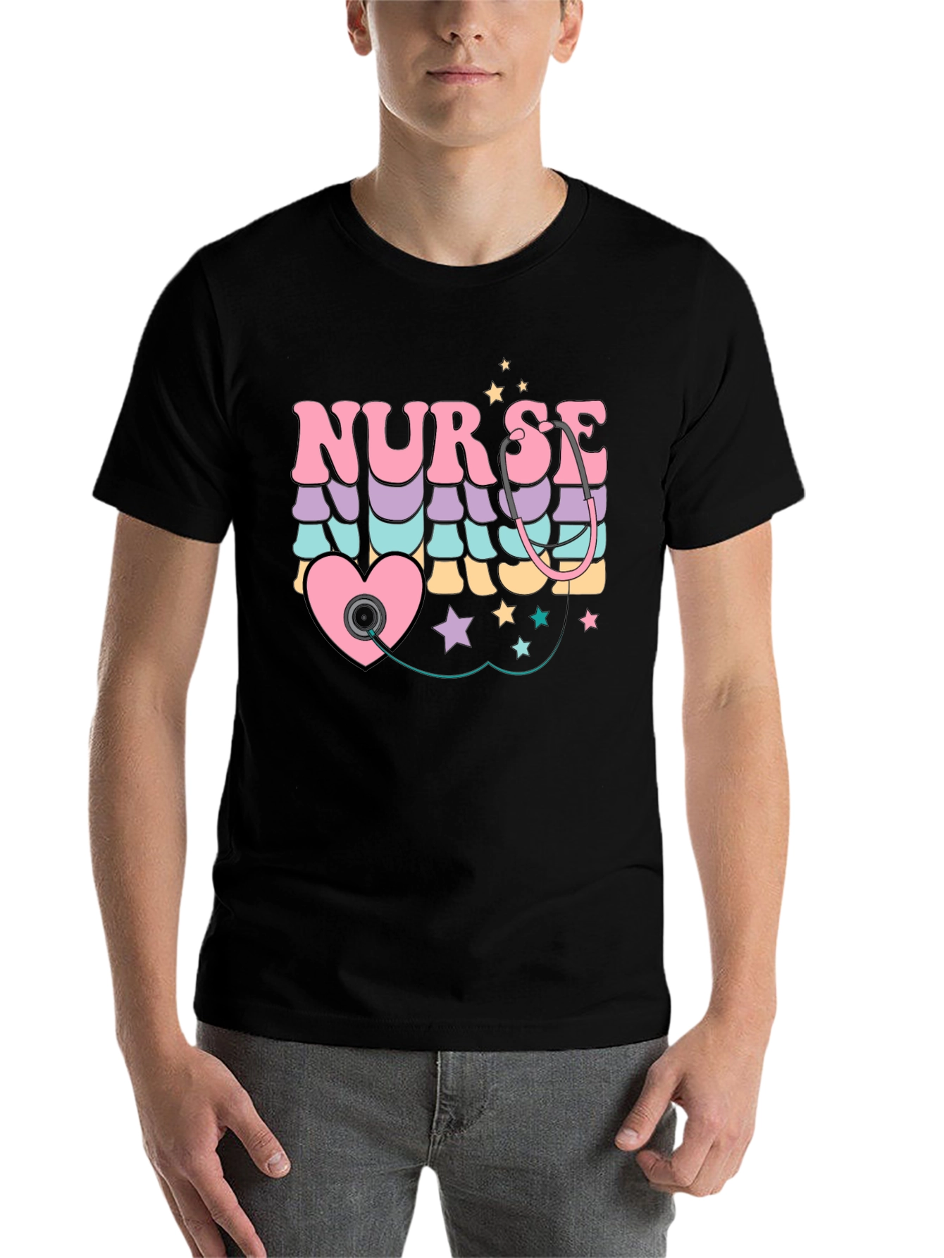 Black Retro Nurse T-Shirt with Stethoscope Heart Design view 7