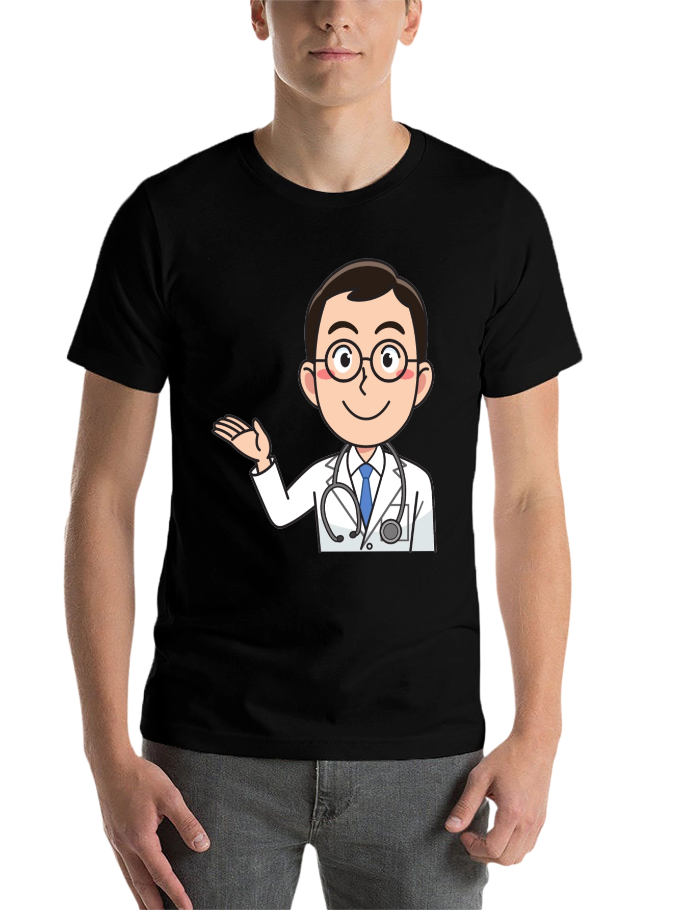 Black Cartoon Doctor Graphic T-Shirt - Black Cotton Tee view 7