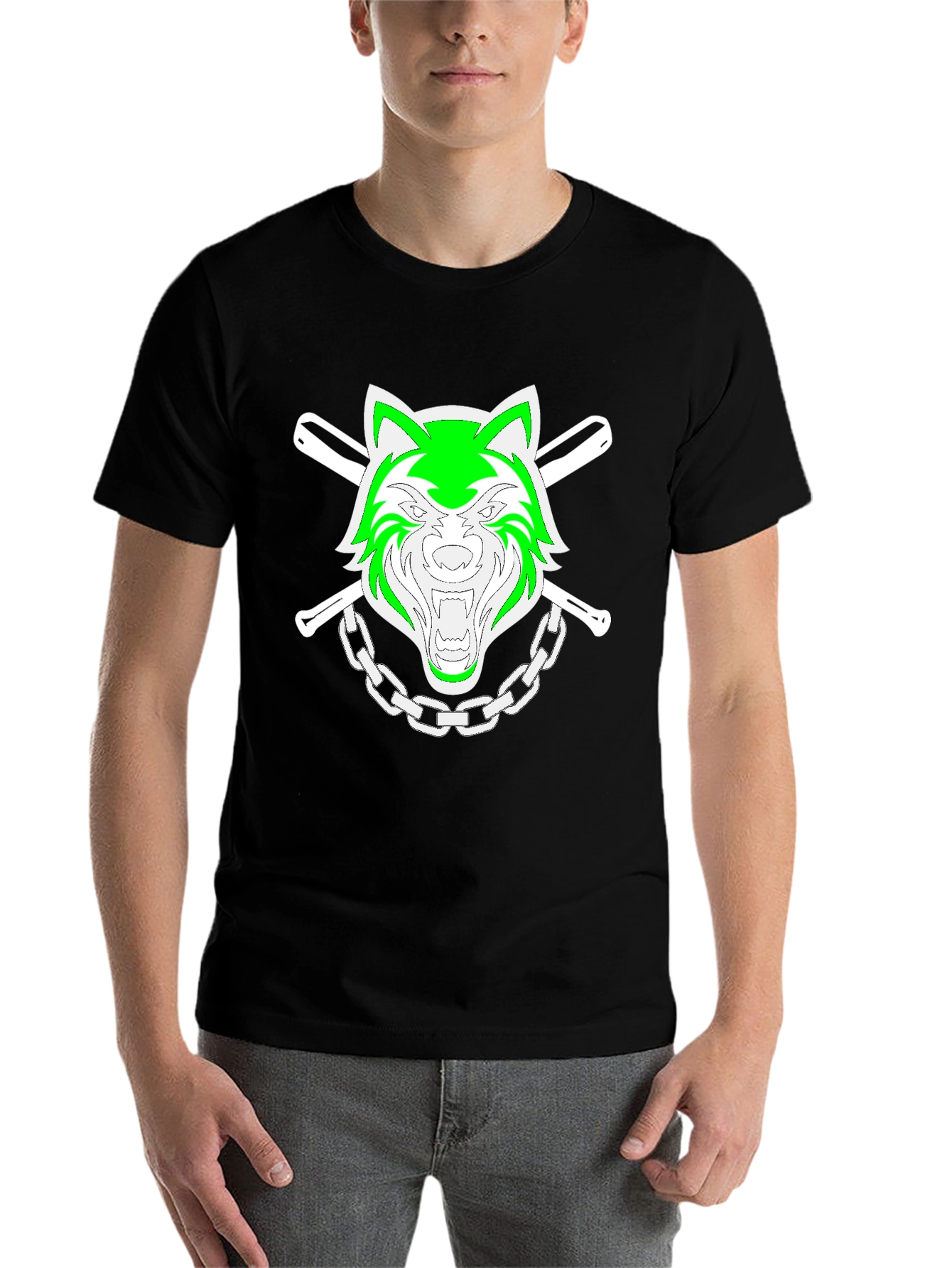 Black Green Wolf Graphic Black T-Shirt view 7