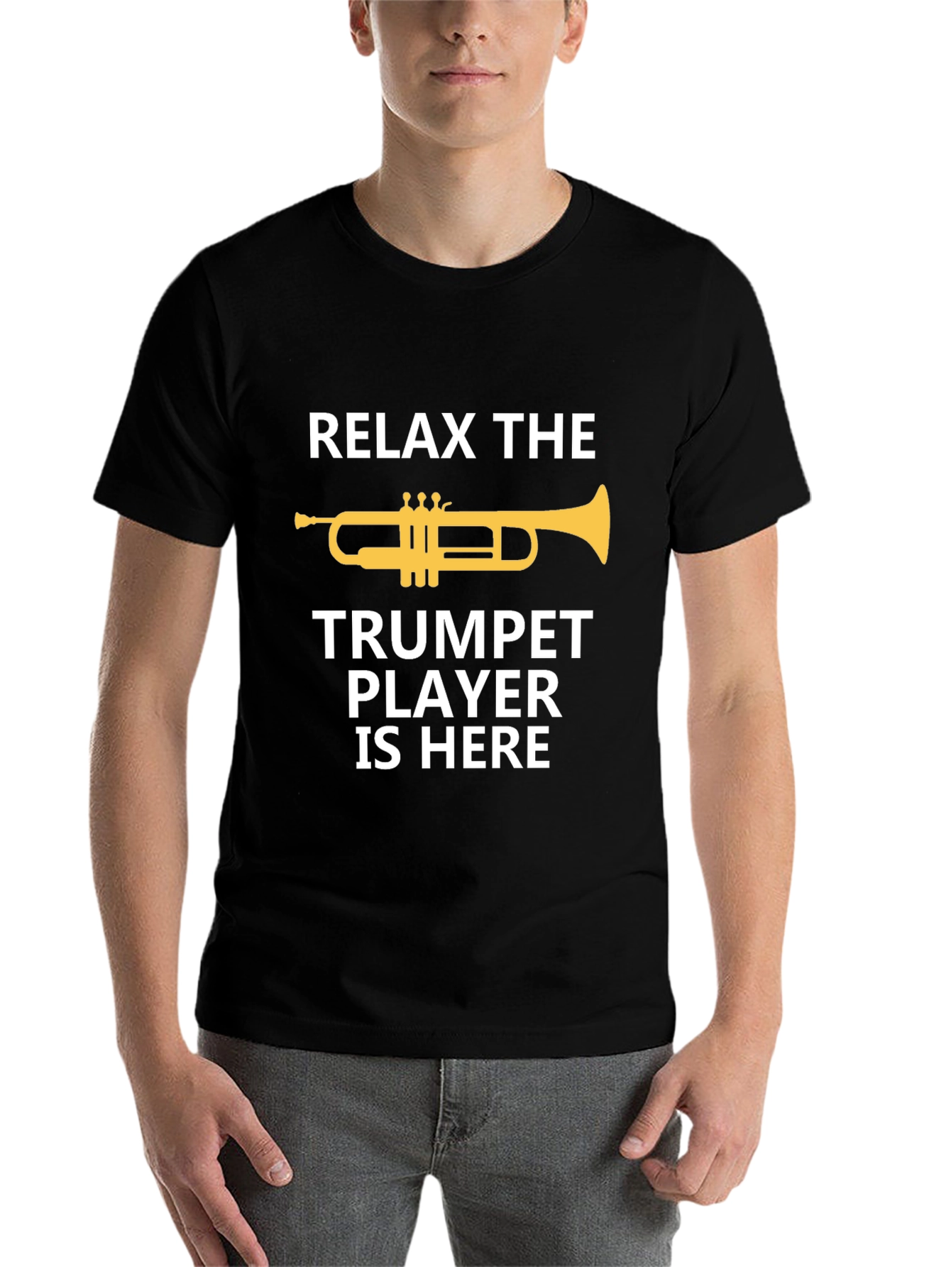 Black Relax Trumpet Player Here - Musician Graphic Tee view 7