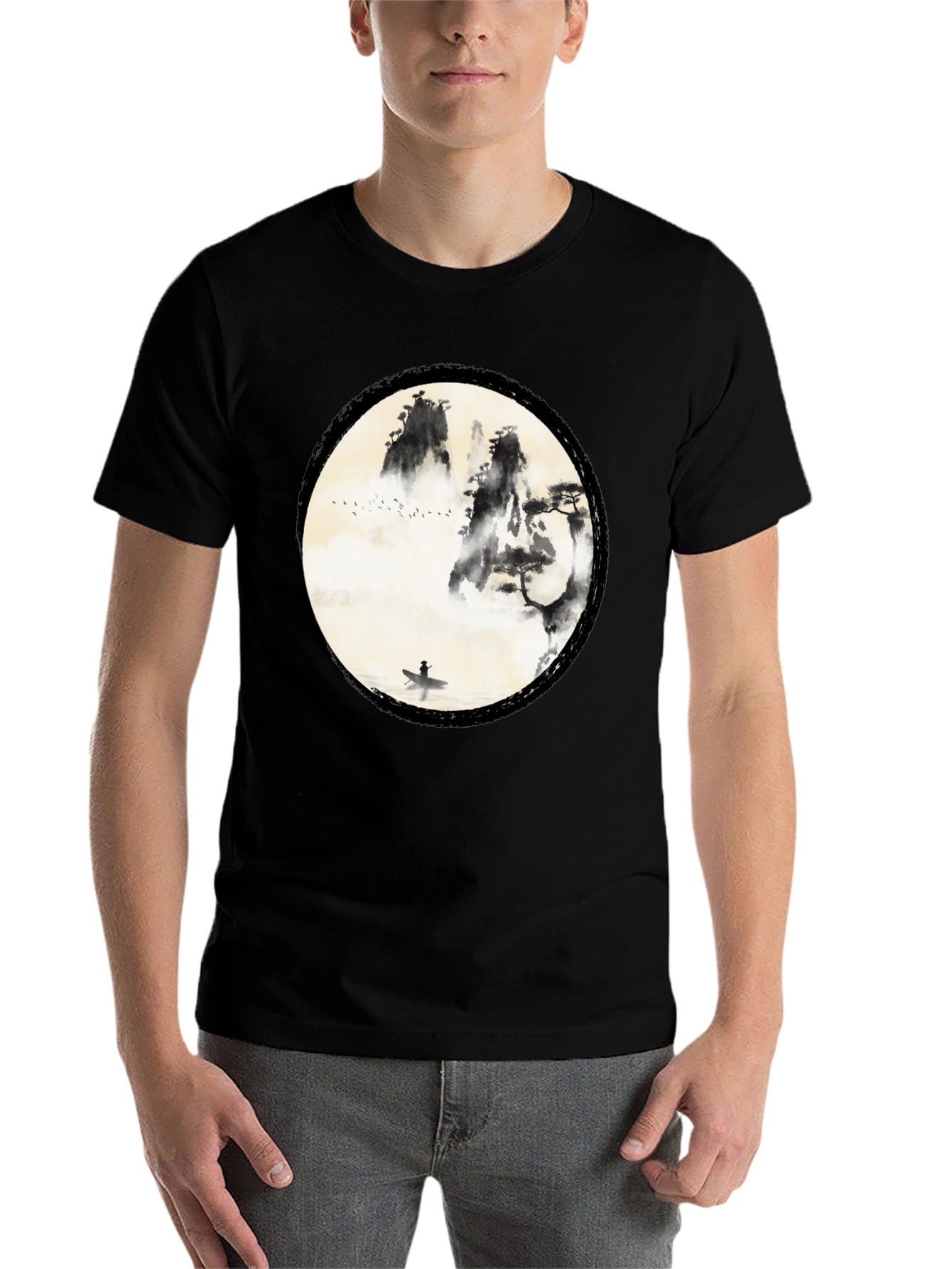 Black Zen Mountain & Boat Graphic Tee - Black view 7