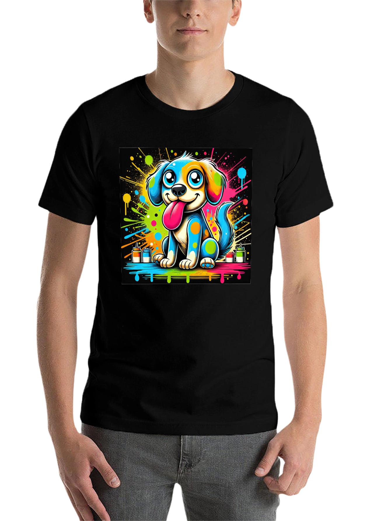 Black Colorful Cartoon Dog Graphic Tee view 7