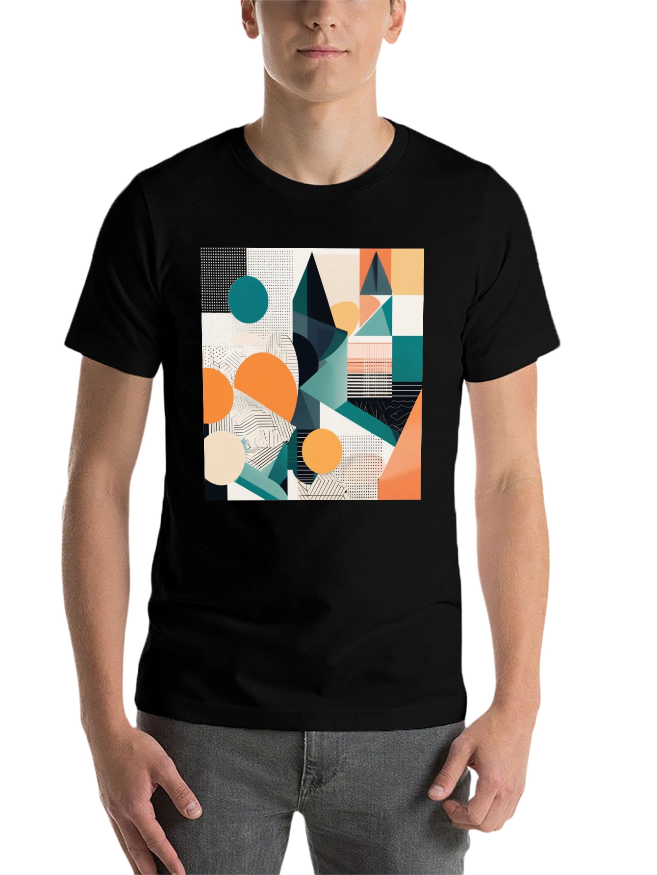 Black Abstract Geometric Print Black T-Shirt view 7