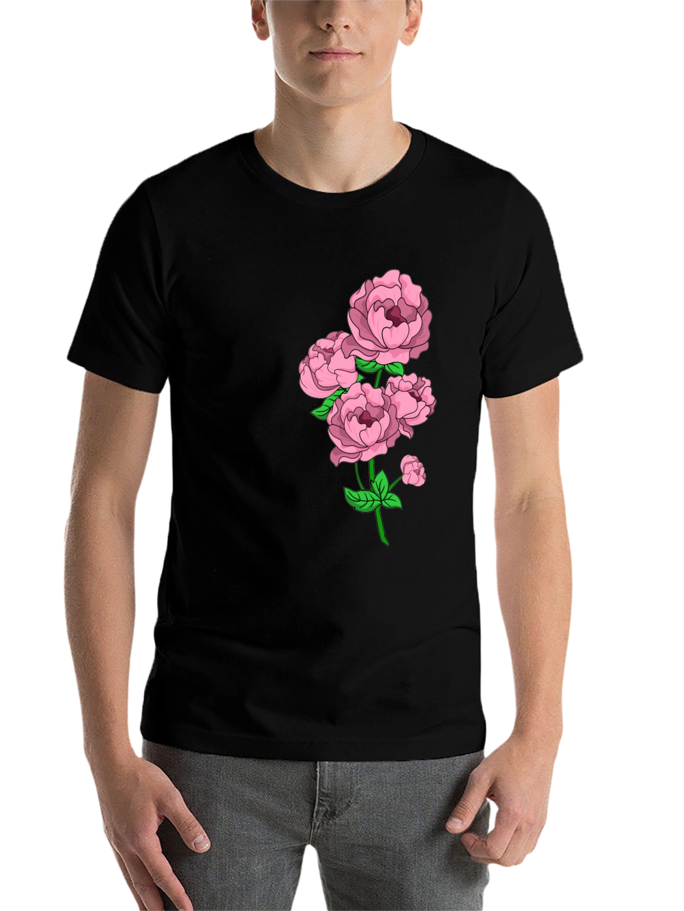 Black Floral Print Crew Neck Tee - Elegant Casual Wear view 7