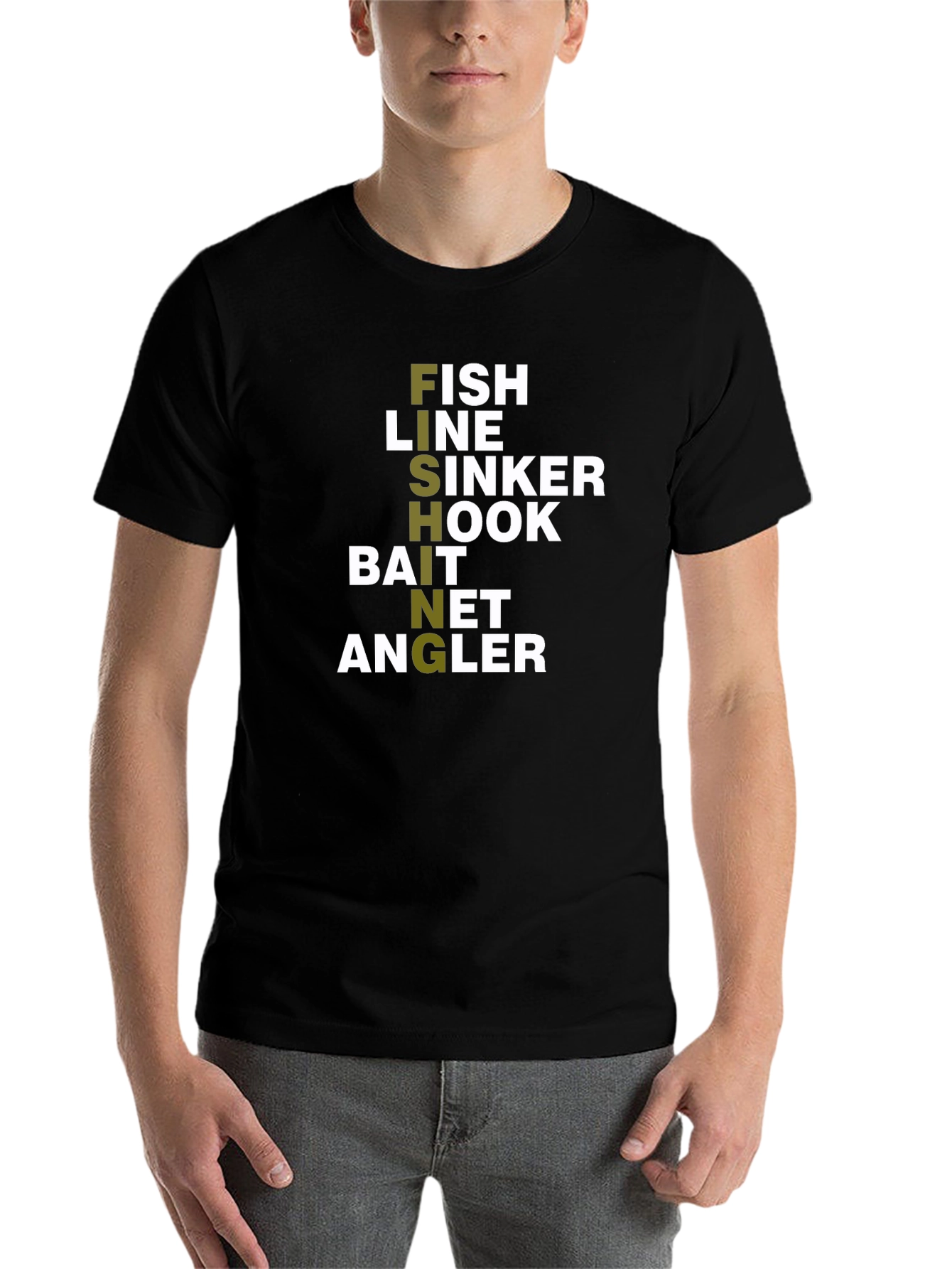Black Fishing T-Shirt: Fish, Hook, Line, Bait, Angler Design view 7