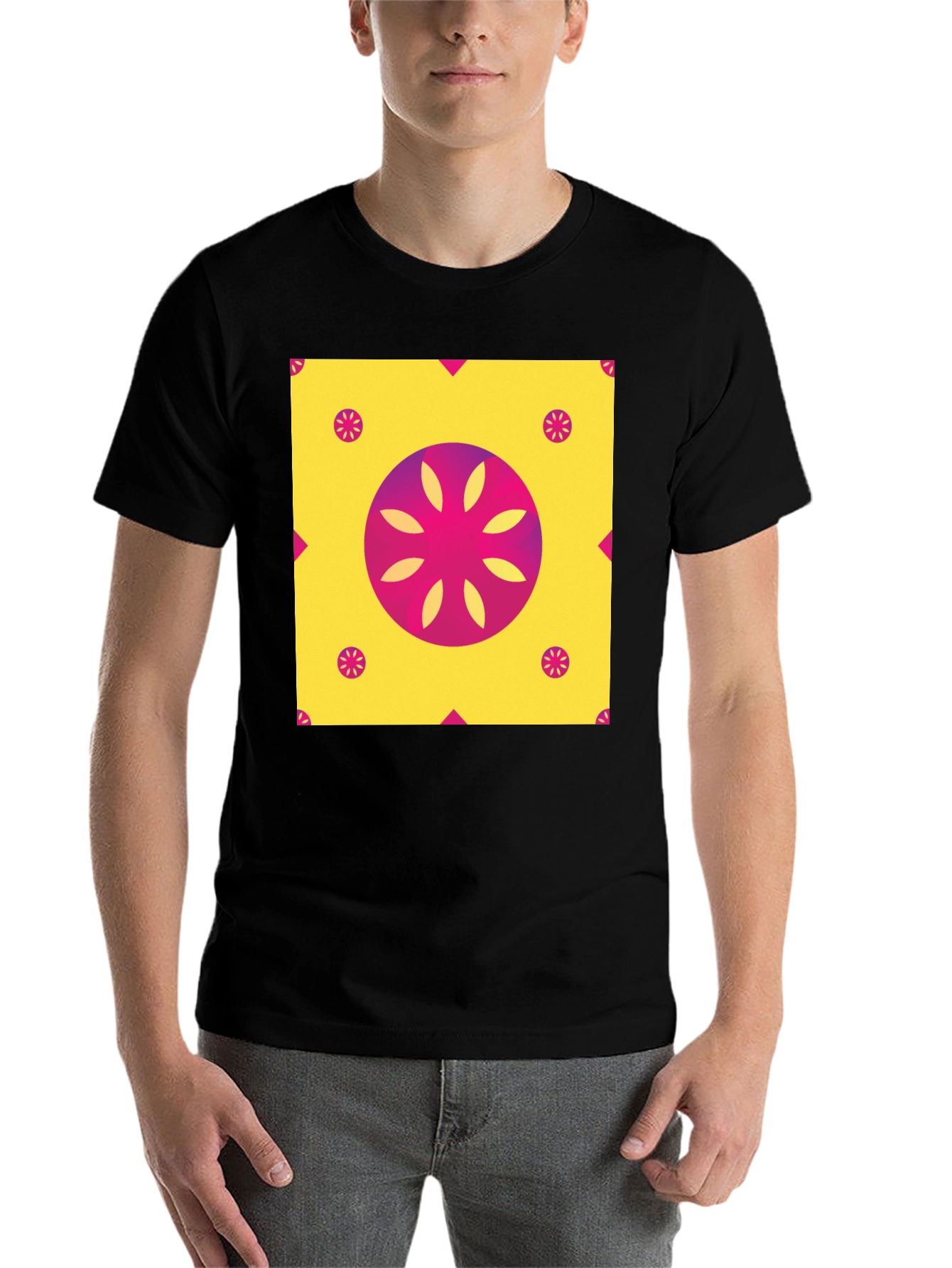 Black Geometric Floral Print T-Shirt - Vibrant Design view 7