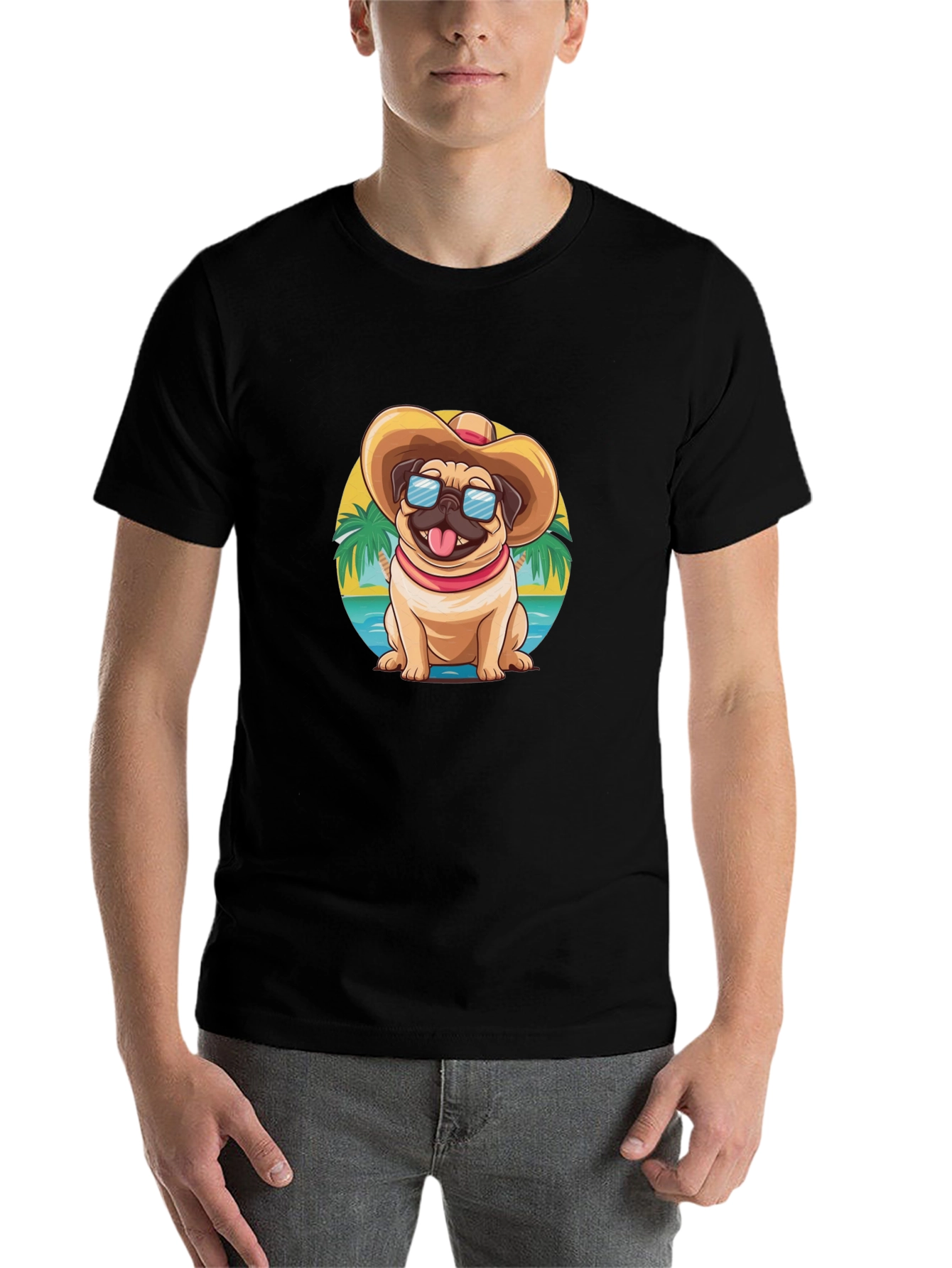 Black Pug Beach T-Shirt - Summer Dog Tee view 7