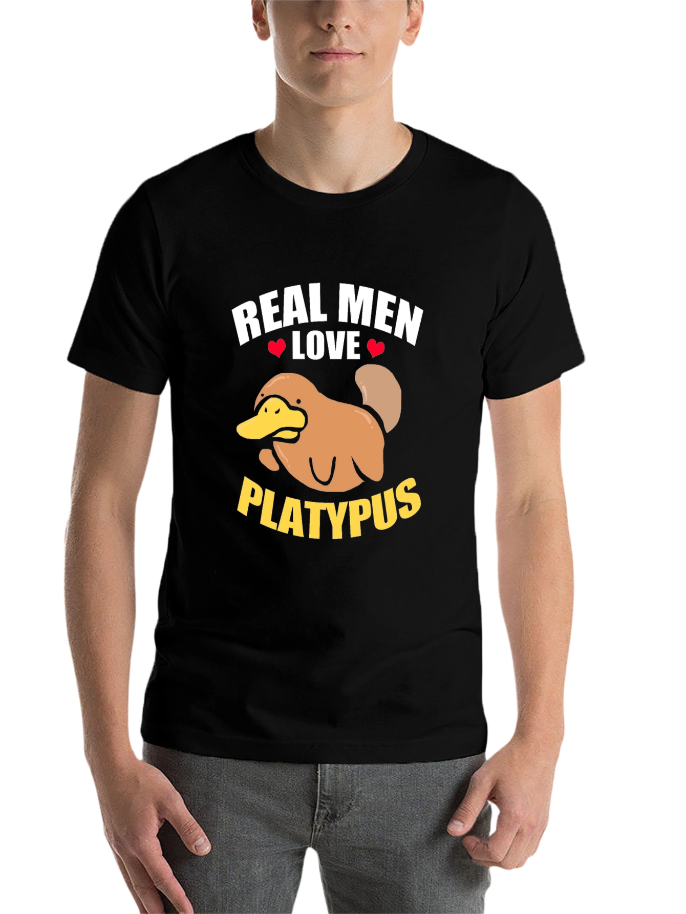 Black Real Men Love Platypus T-Shirt - Novelty Graphic Tee view 7