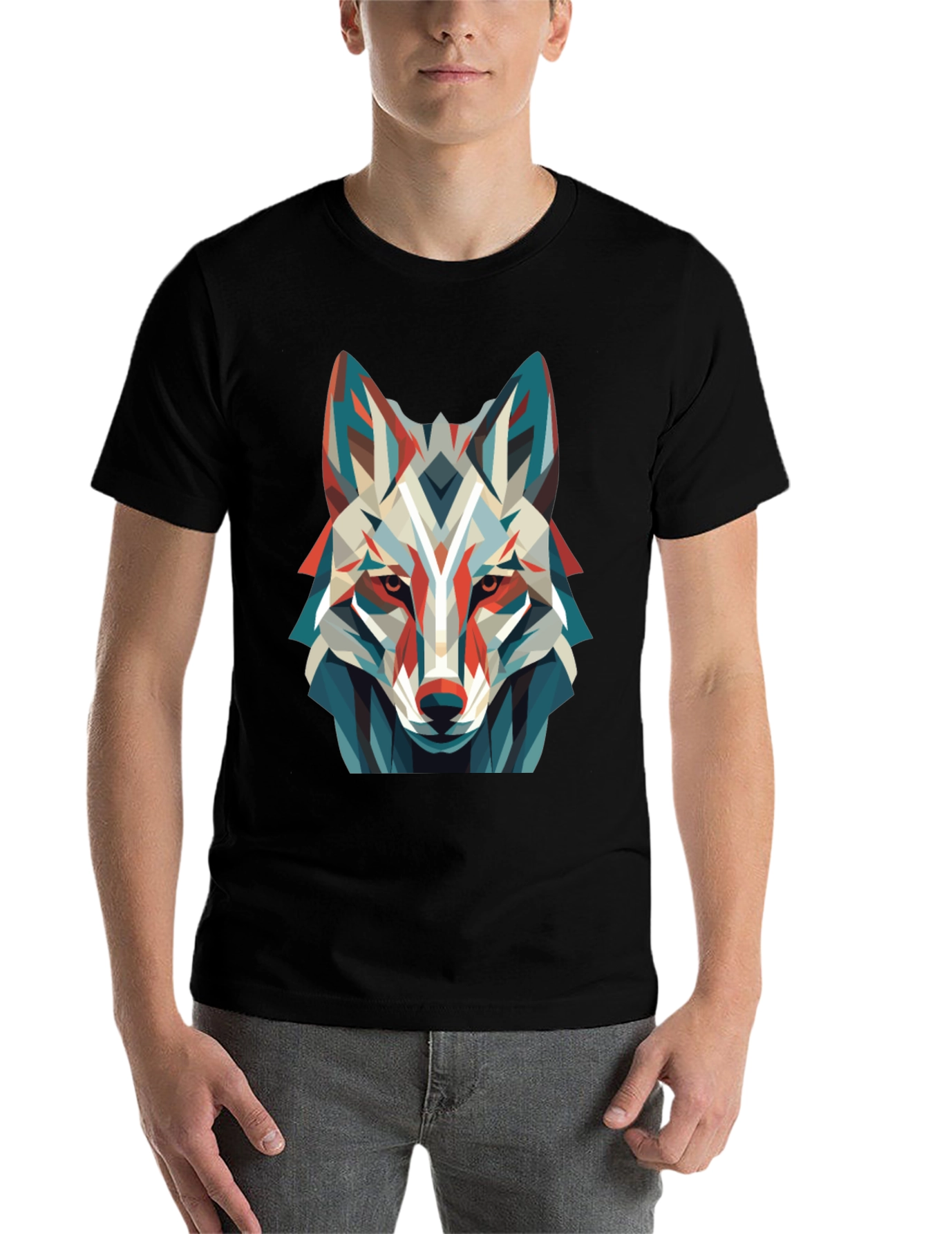Black Geometric Wolf Graphic Tee - Modern Art Shirt view 7