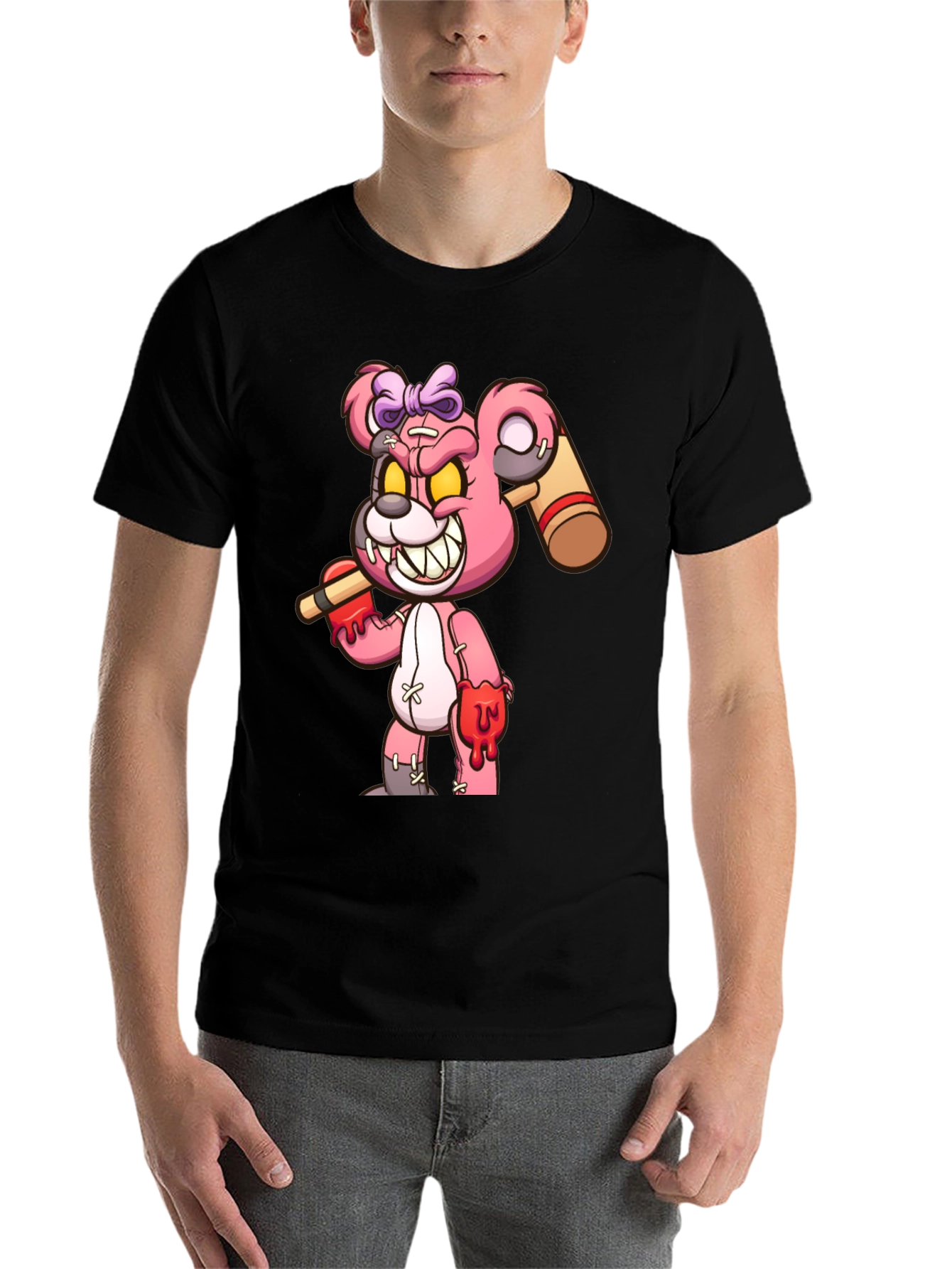 Black Scary Bloody Teddy Bear Graphic T-Shirt view 7