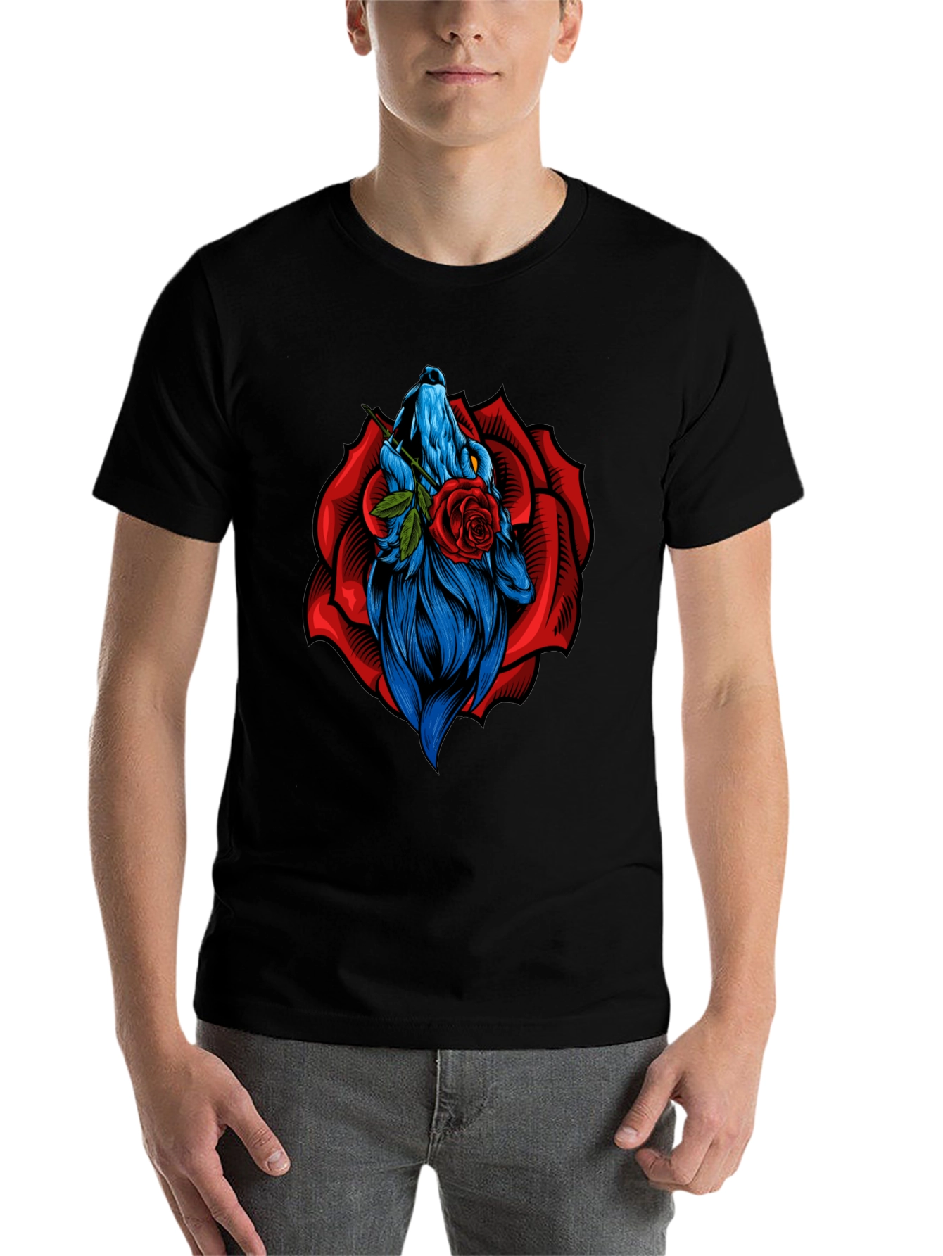 Black Wolf Rose Graphic T-Shirt - Unique Animal Design view 7