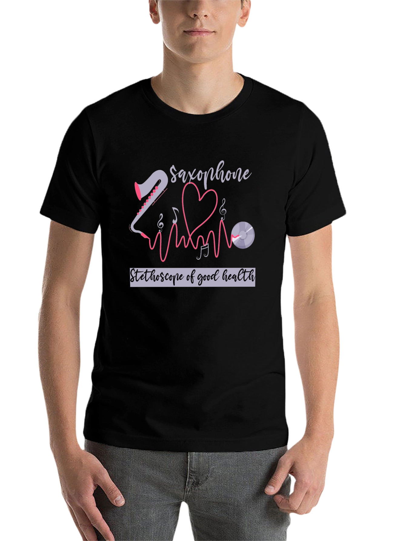 Black Saxophone Stethoscope Health T-Shirt view 7